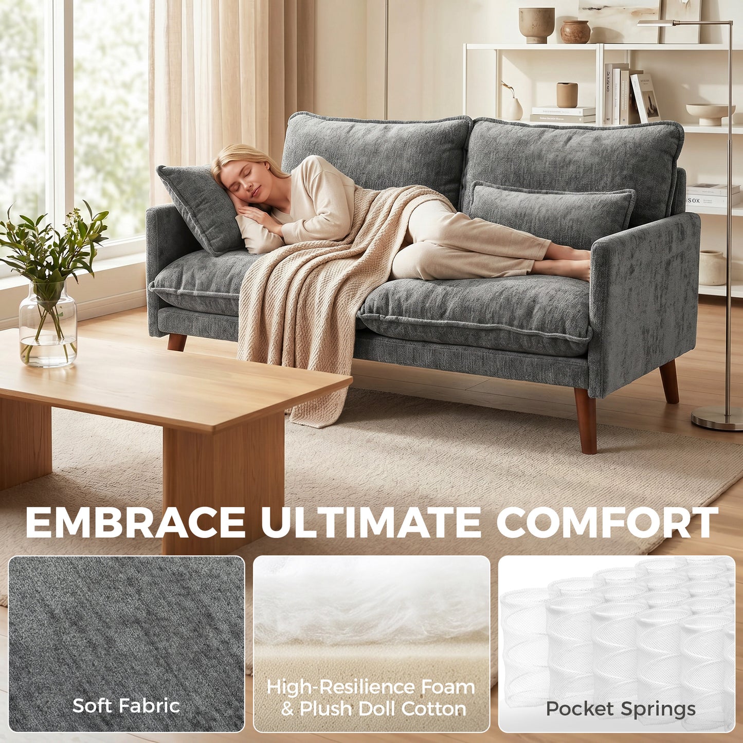HOMCOM 2 Seater Sofa Loveseat With Pocket Springs Cushions Grey Wood Legs Compact And Comfortable