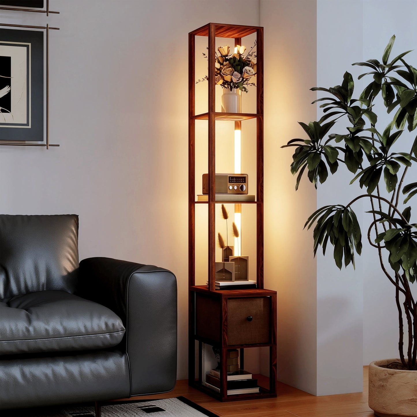 HOMCOM Floor Lamp With Shelves And Fabric Drawer LED Column Standing Lamp Adjustable Brightness Foot Switch Dark Brown