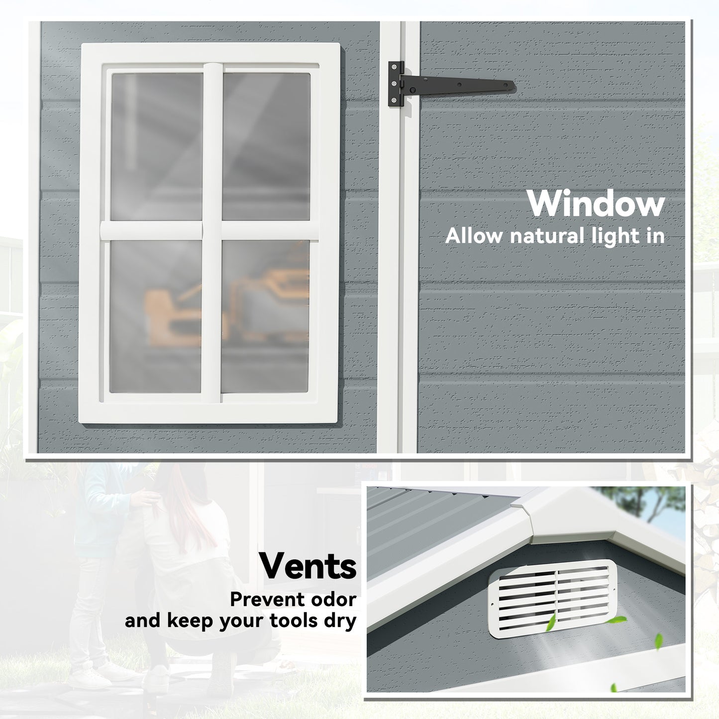 Outsunny 8x4 Ft Resin Garden Shed Wood-Effect Outdoor Storage Shed With Floor Windows Lockable Doors Vents Light Grey
