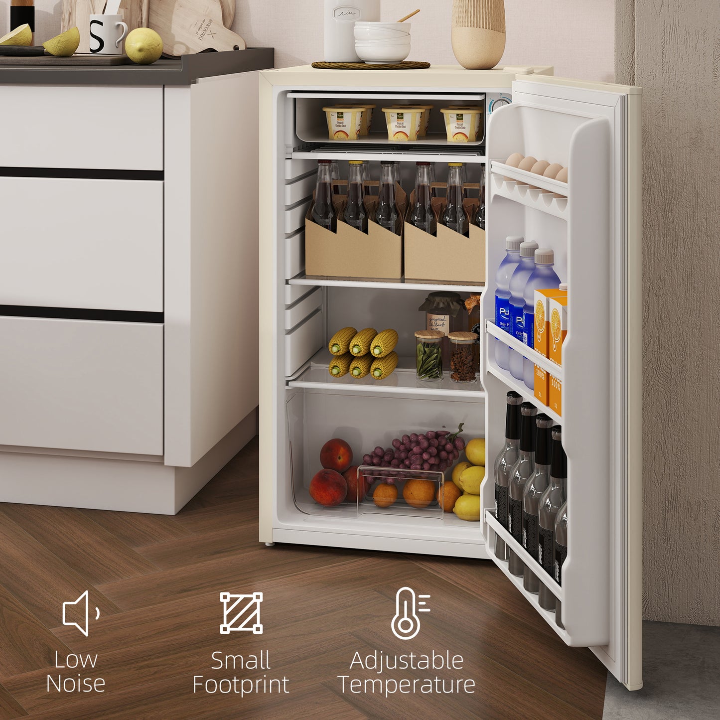 HOMCOM 91L Beige Under Counter Fridge with Chiller Box, Removable Shelf, Reversible Door, Adjustable Legs