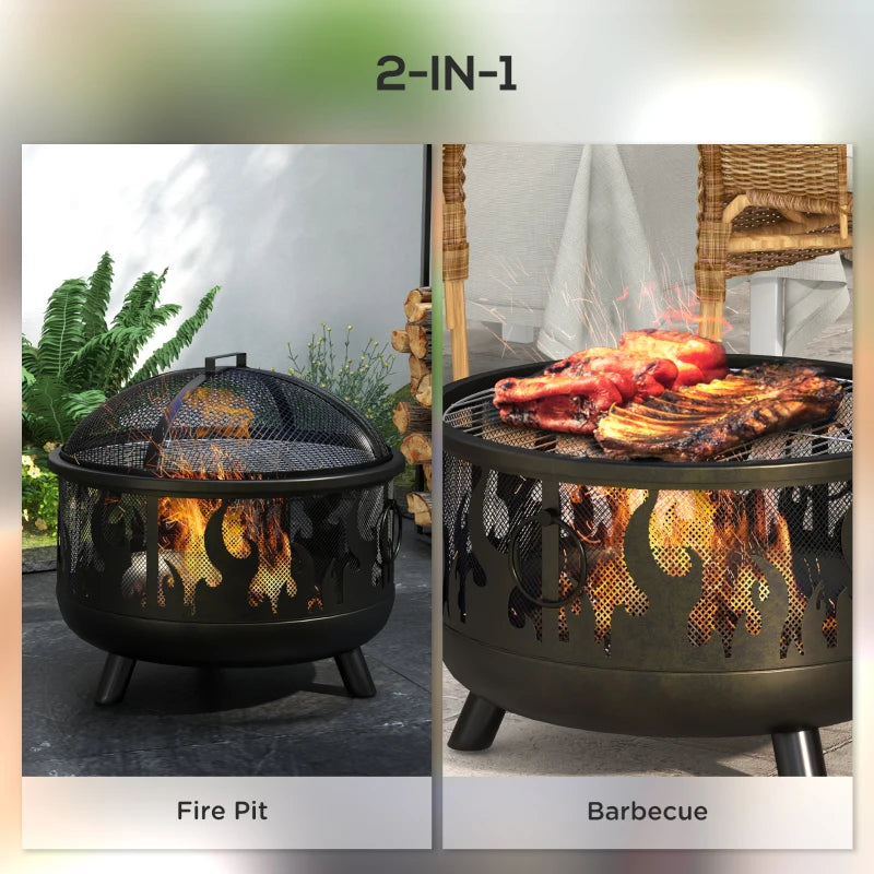 Outsunny Black Steel Fire Pit BBQ with Poker - Multi-Functional Outdoor Fire Feature for Grilling and Entertaining - ALL4U RETAILER LTD