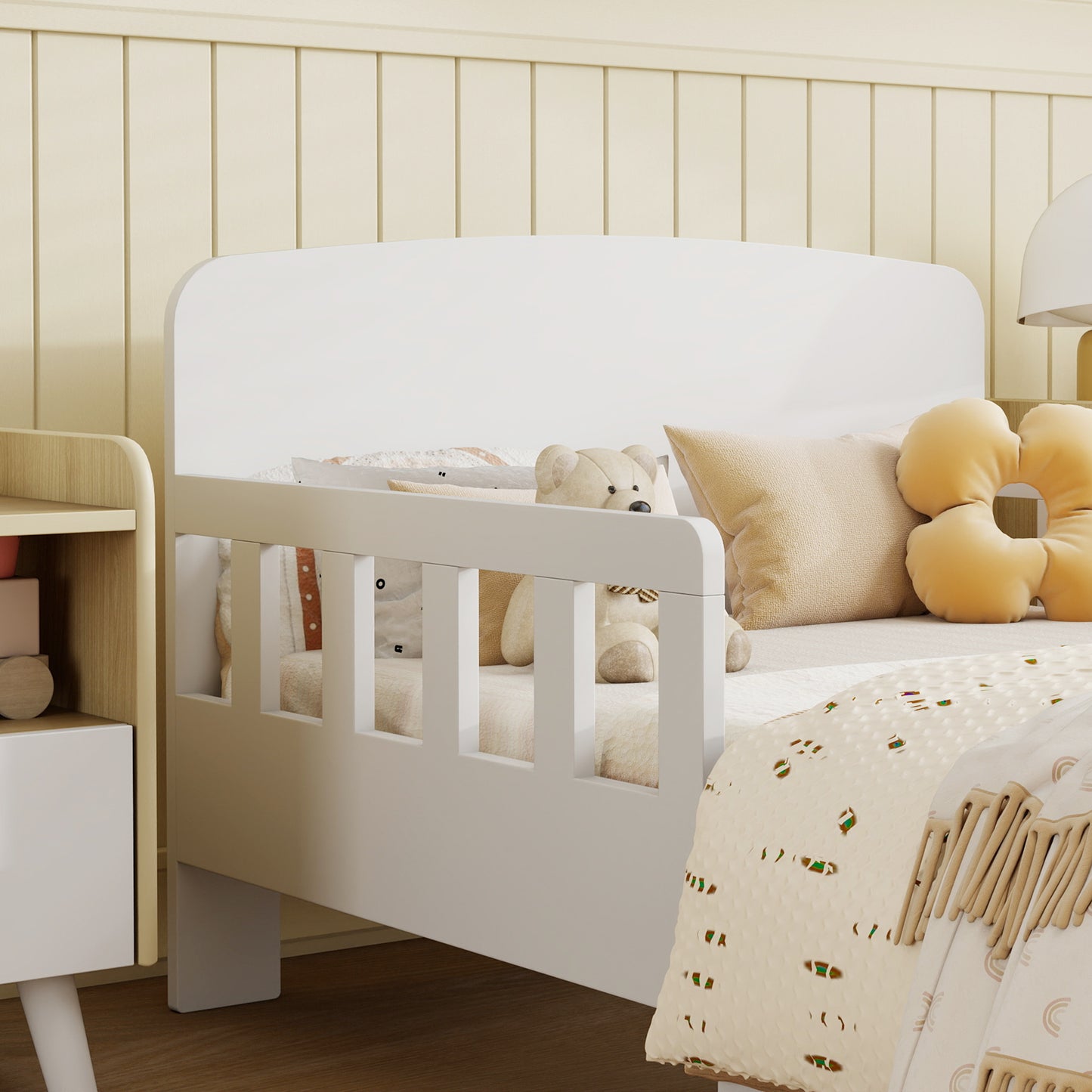 AIYAPLAY Toddler Bed for Kids with Safety Rails White Finish Low Profile Bed Frame Ages 3 to 8