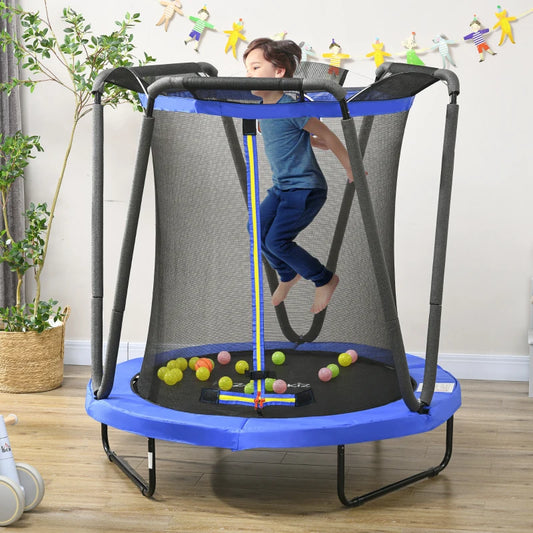 ZONEKIZ 4.6FT Kids Trampoline with Enclosure, Basketball Hoop, Sea Balls - Blue | Suitable for Ages 3-10 Years - ALL4U RETAILER LTD