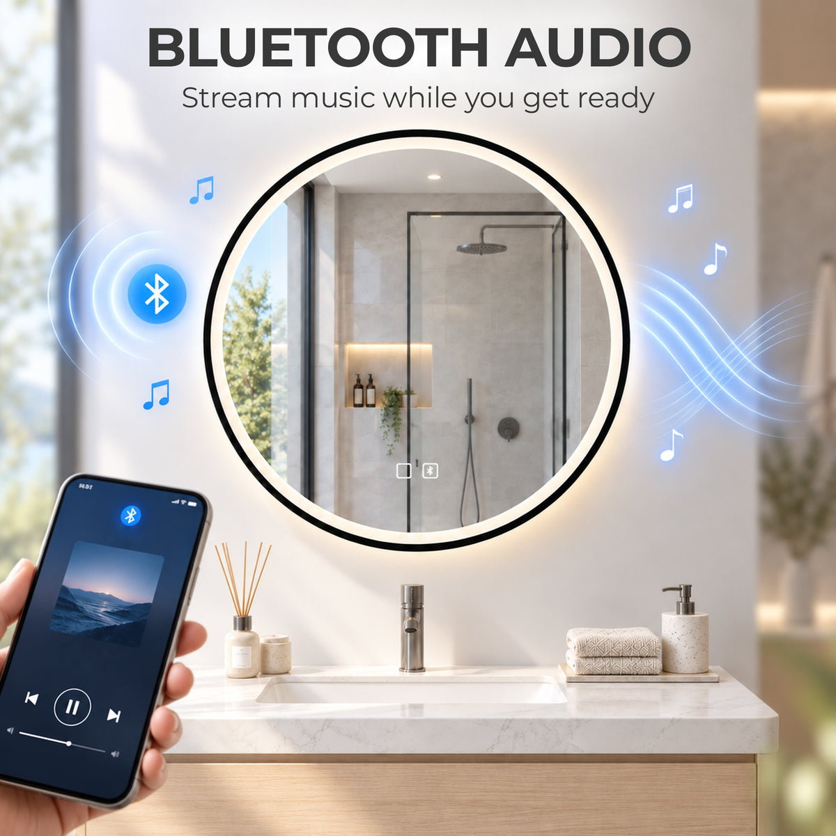 Round LED mirror with integrated Bluetooth audio icon and glowing light ring