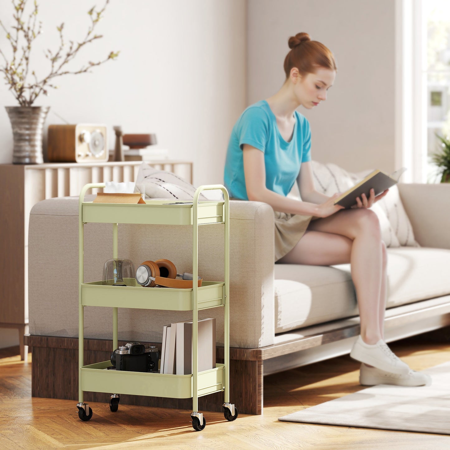 HOMCOM Three Tier Steel Storage Trolley Green Rolling Cart with Small Medium Large Baskets for Home Organization