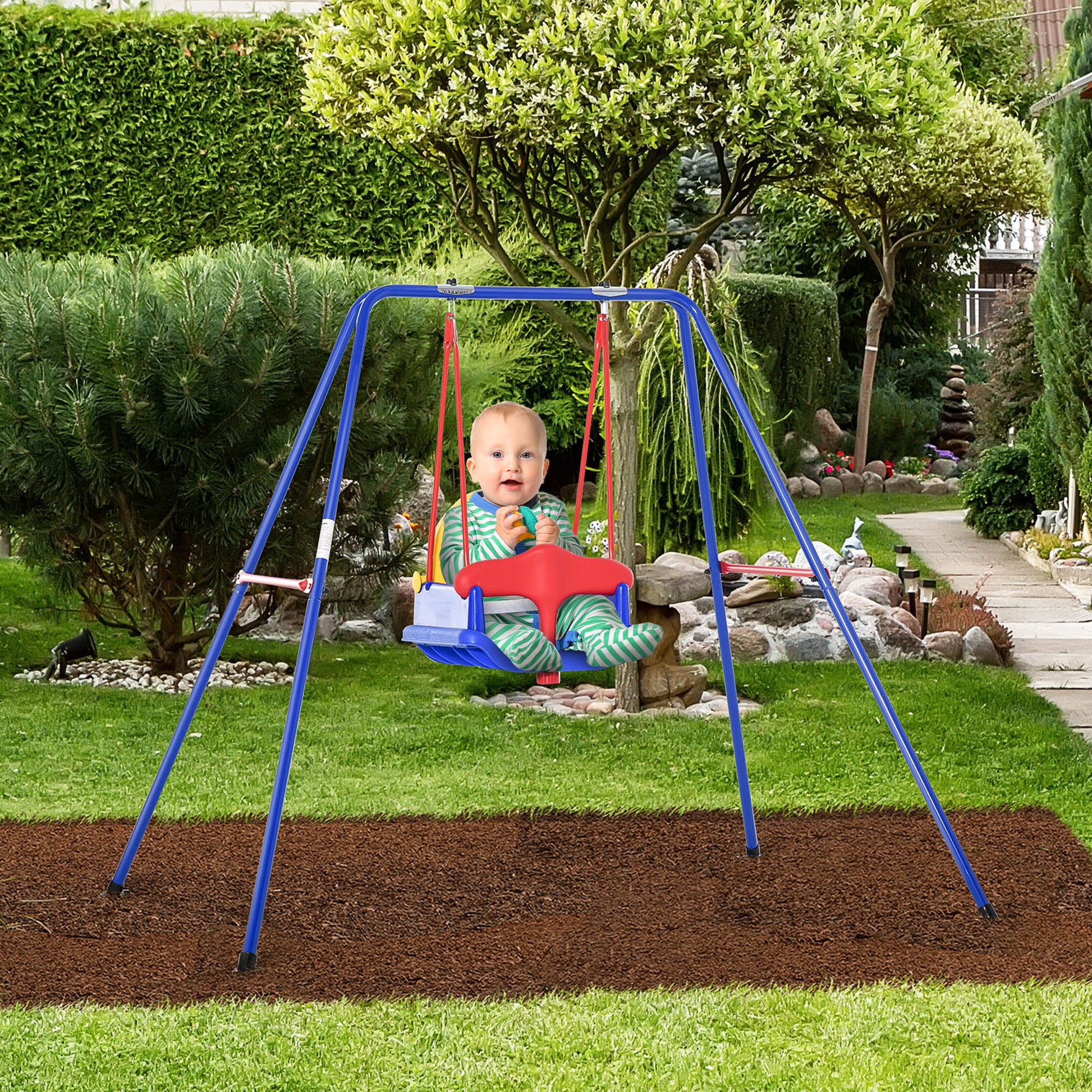 Outsunny A-Frame Metal Swing Set for Toddlers with Safety Harness and Baby Seat - ALL4U RETAILER LTD