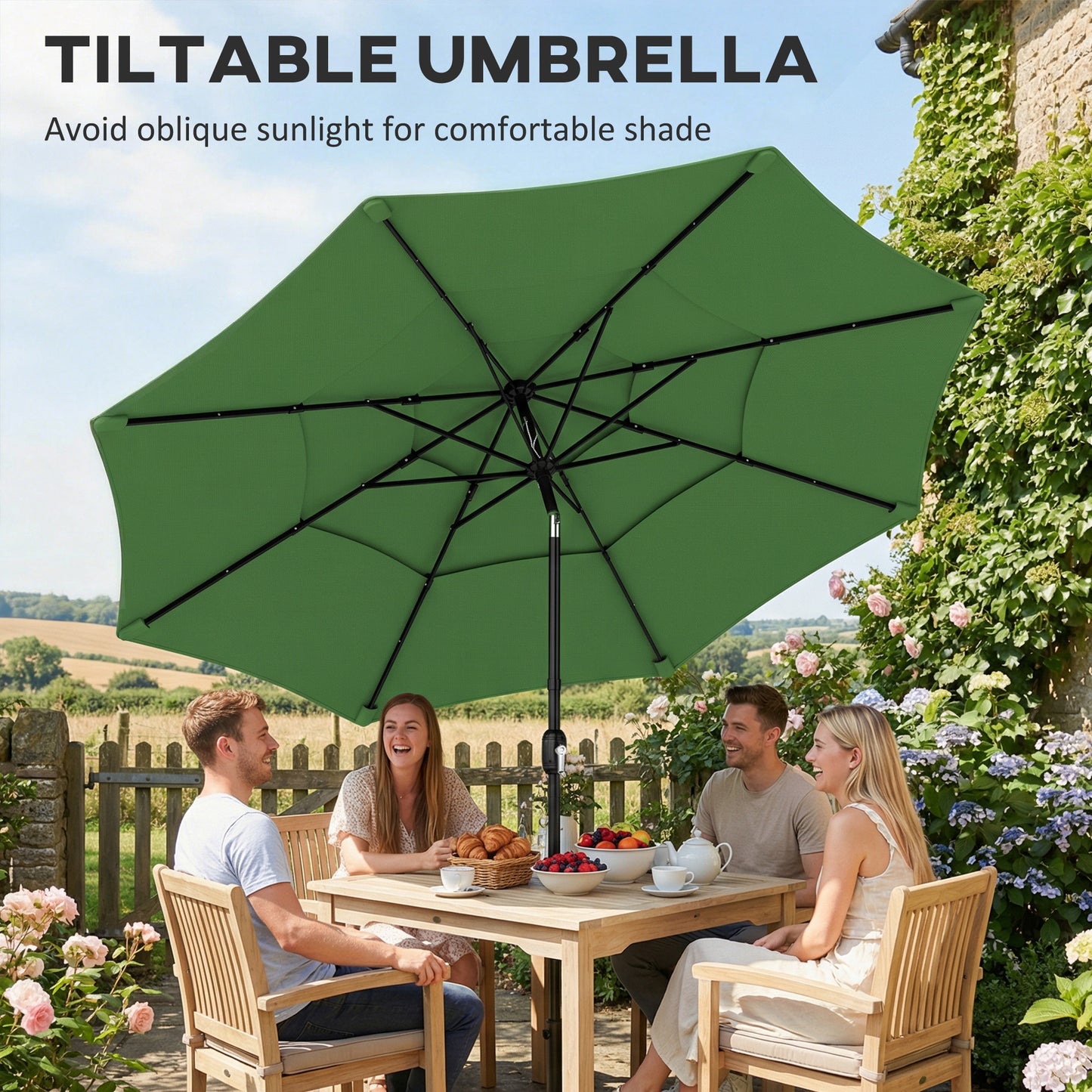 Outsunny Garden Parasol With 3 Tier Roof And Crank Handle Tilt Function Polyester Canopy In Green