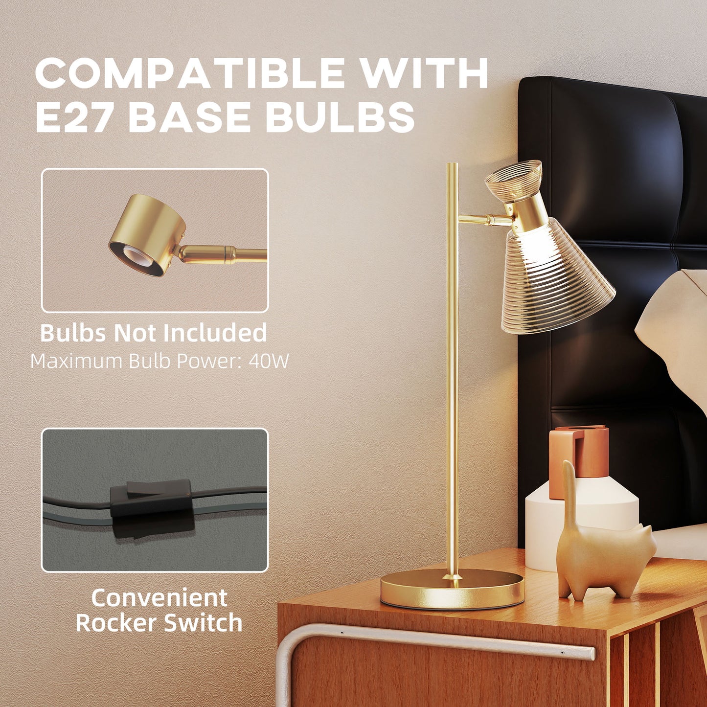 HOMCOM Modern Table Lamp Bedside Lamp With Adjustable Flower Shaped Head E27 Socket Gold Tone For Living Room Bedroom