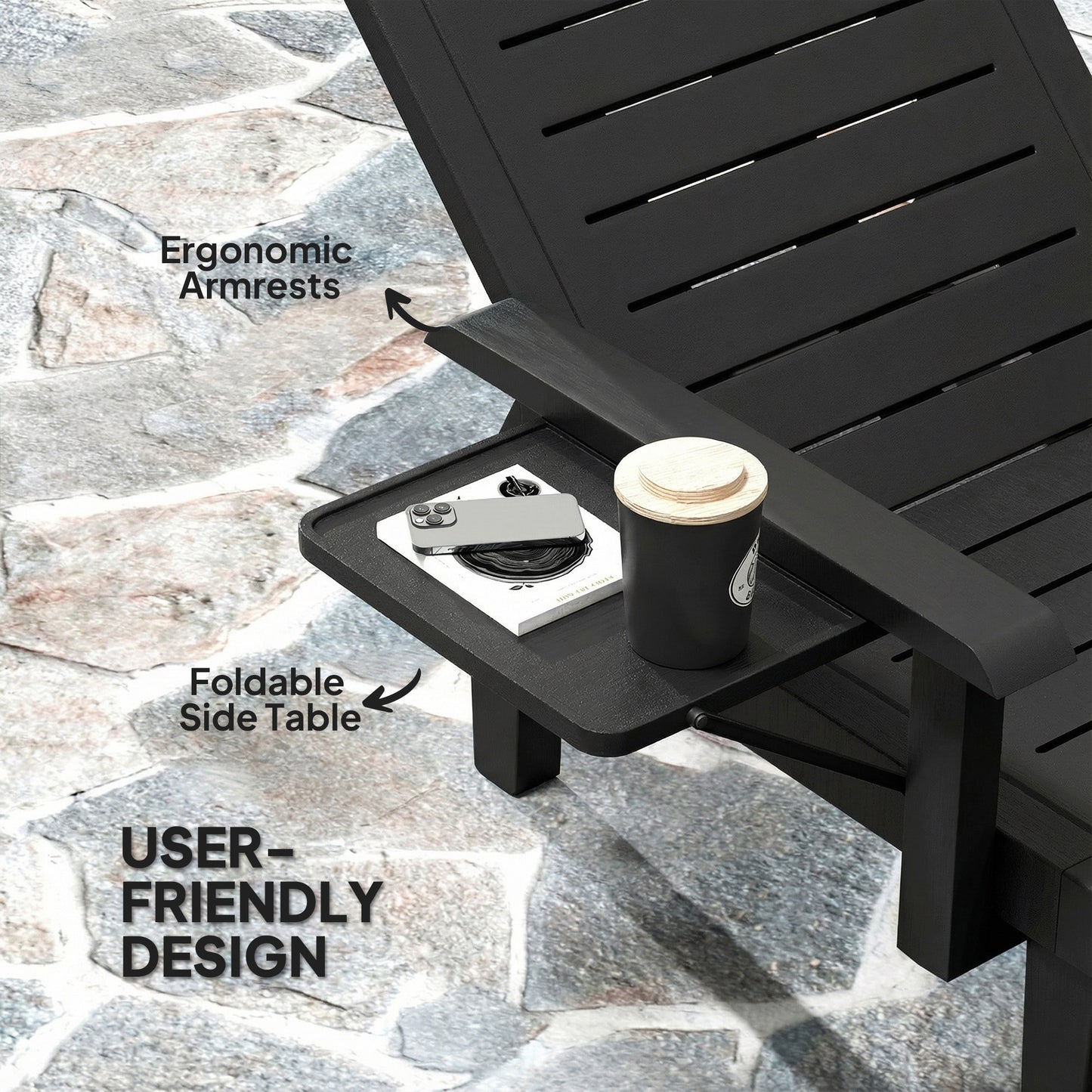 Outsunny Set Of 2 Adjustable Sun Loungers With Five Position Recline And Armrests For Outdoor Use Foldable Table Black
