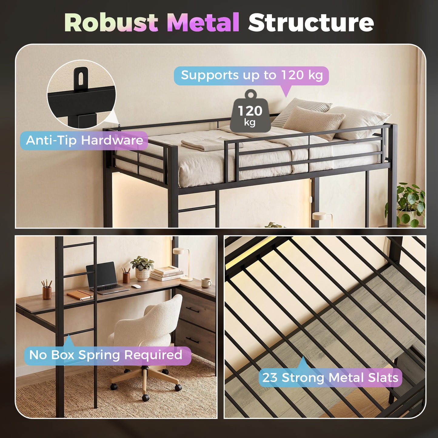 HOMCOM Metal Bunk Bed With Desk Built In Workstation LED Light High Sleeper Guardrail No Box Spring Needed