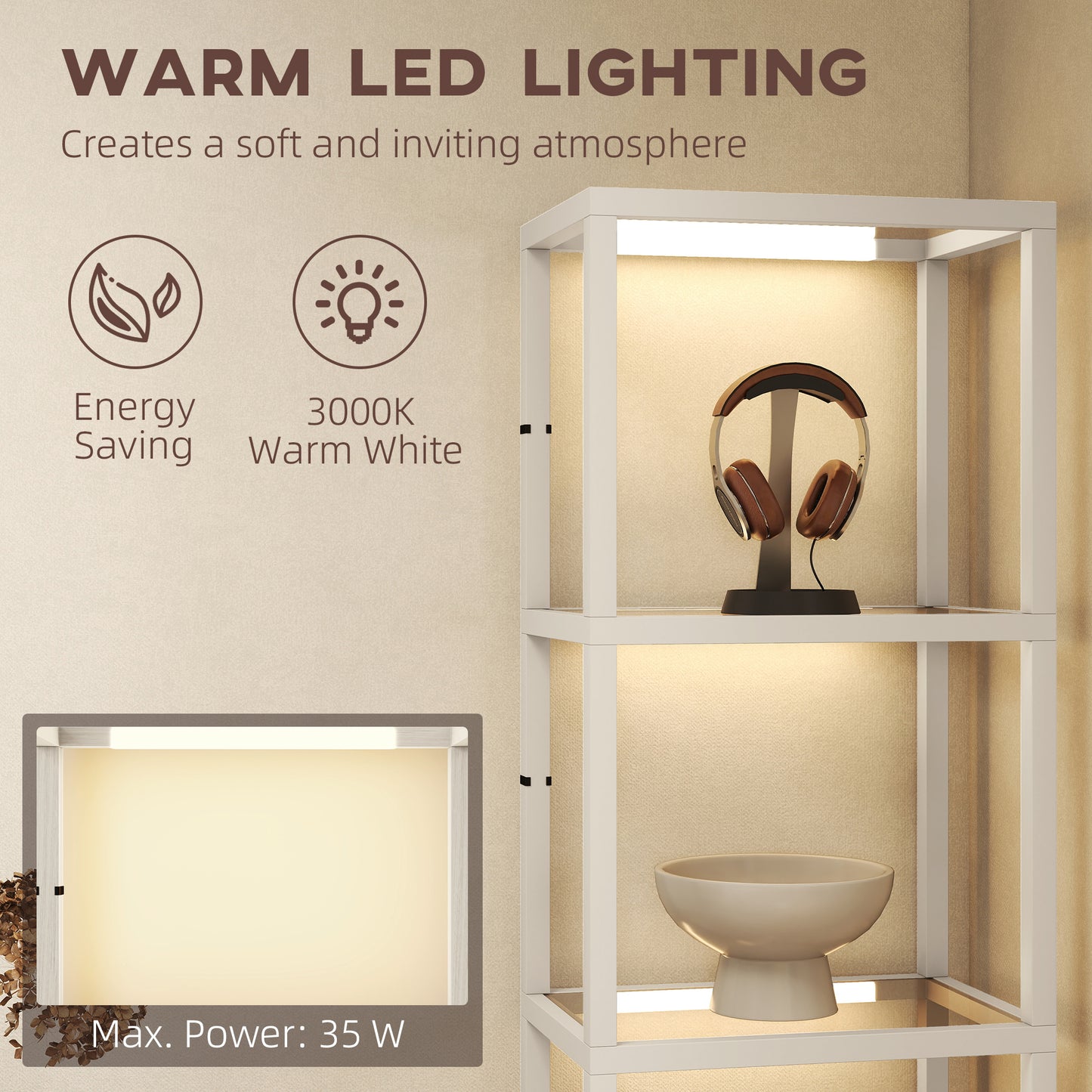 HOMCOM Four Shelf Floor Lamp With Bleached Oak Finish And Tempered Glass Shelves Three Level Adjustable LED Lighting