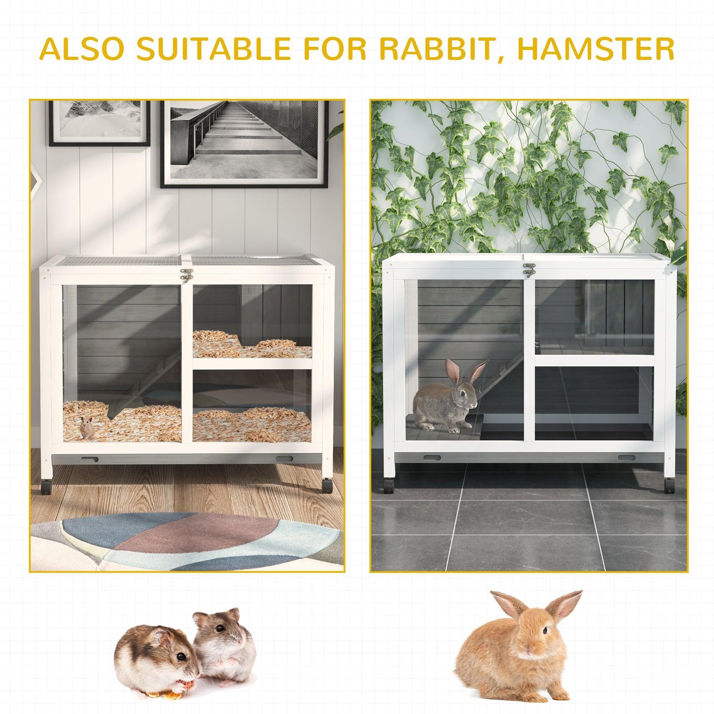 PawHut Wooden Rabbit Hutch with Pull-out Tray and Openable Roof - 91.5 x 53.3 x 73 cm - ALL4U RETAILER LTD