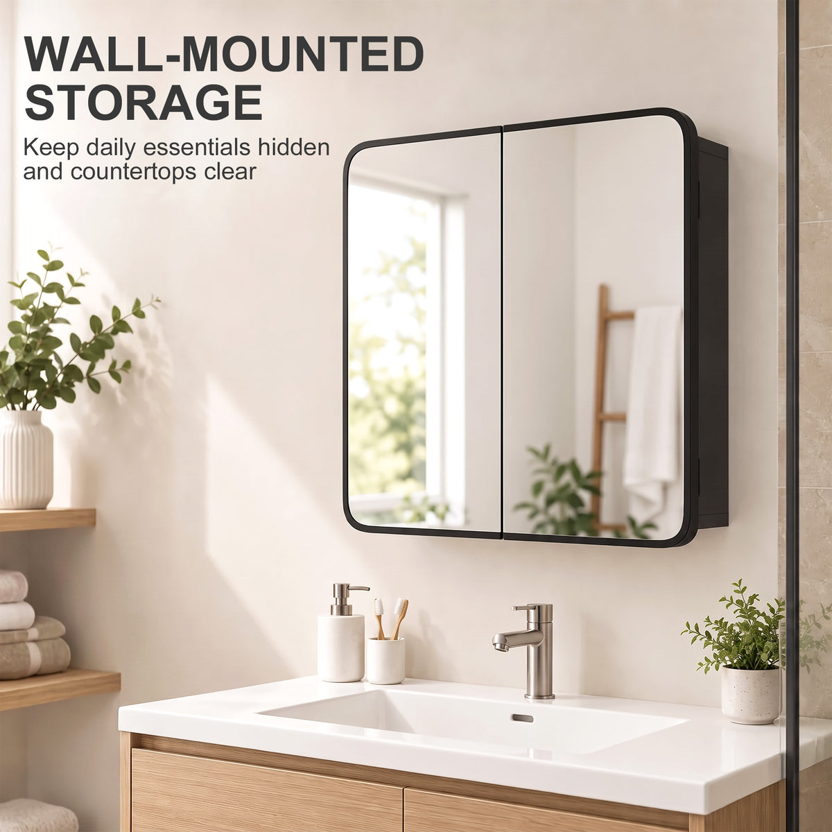 HOMCOM Black Wall Mounted Medicine Cabinet Mirror Storage Magnetic Doors