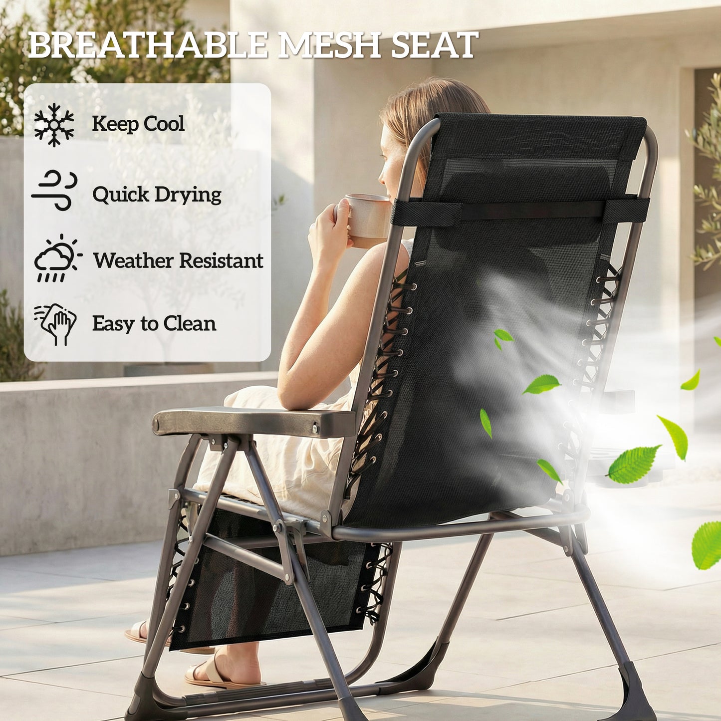 Outsunny Zero Gravity Chairs Set of 2 Folding Sunloungers Reclining Garden Chairs with Cup Holder and Headrest Black
