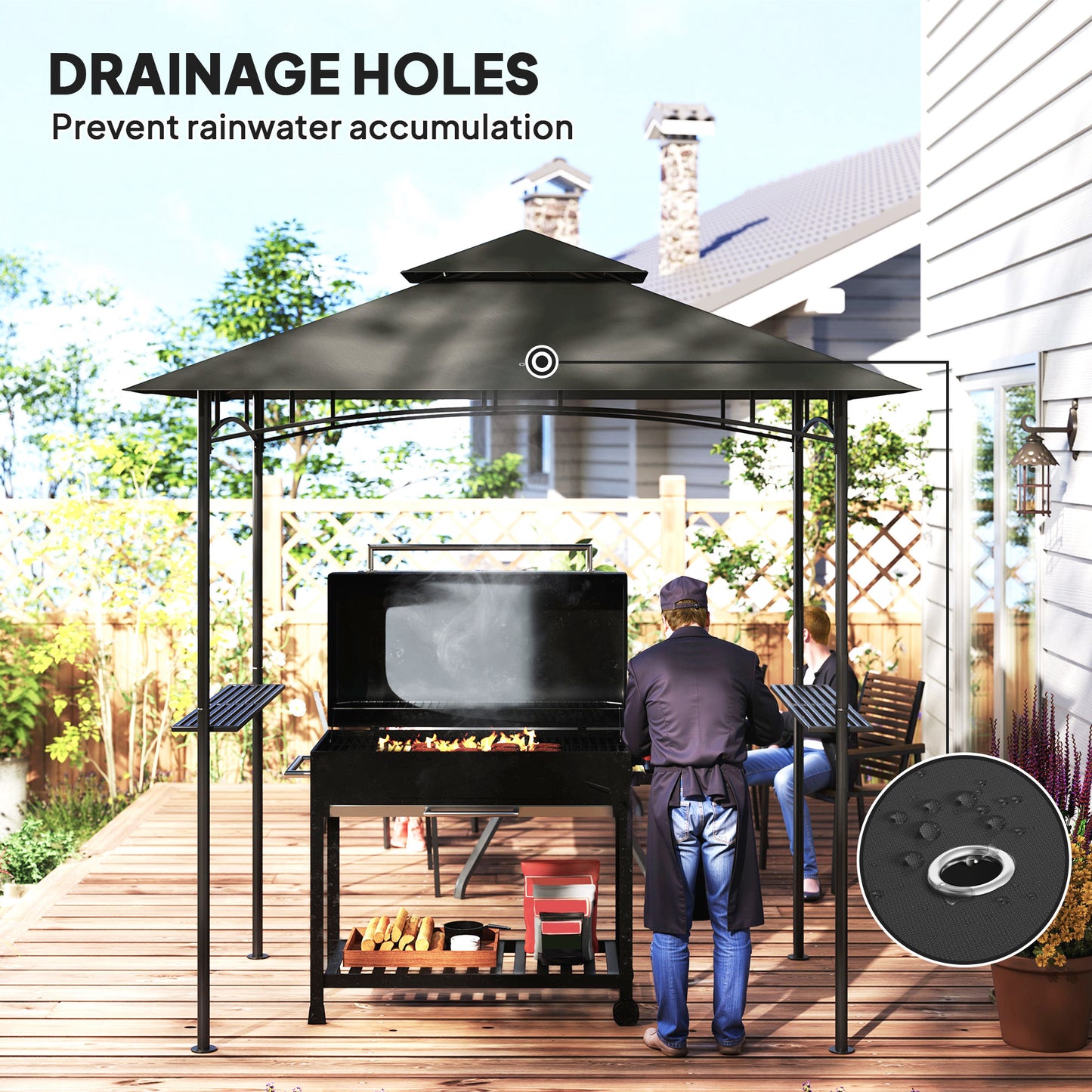 Outsunny 8 By 5 Ft Grill Gazebo With Double Tier Canopy LED Lights 2 Side Shelves And Hooks Dark Grey