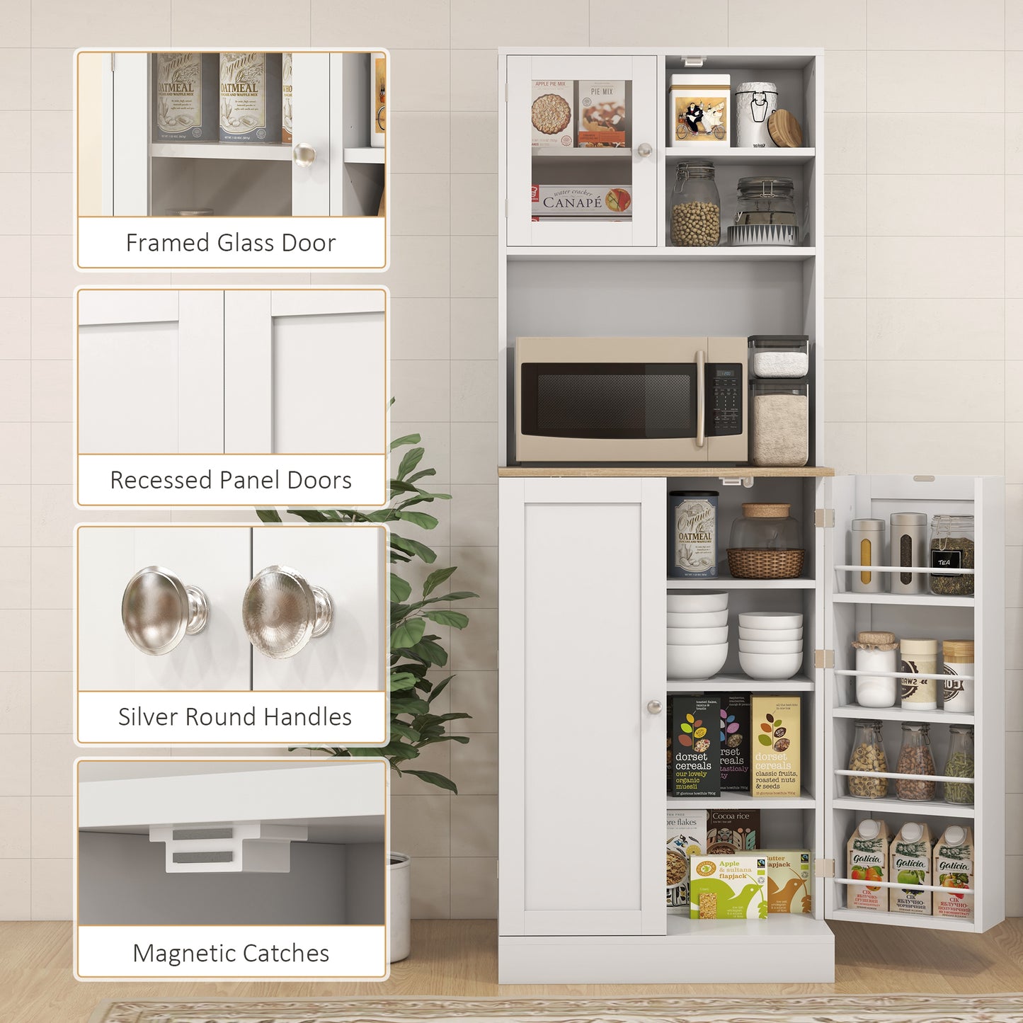 HOMCOM Two Part Kitchen Storage Cabinet White Pantry Cupboard With Microwave Compartment And Multiple Shelves