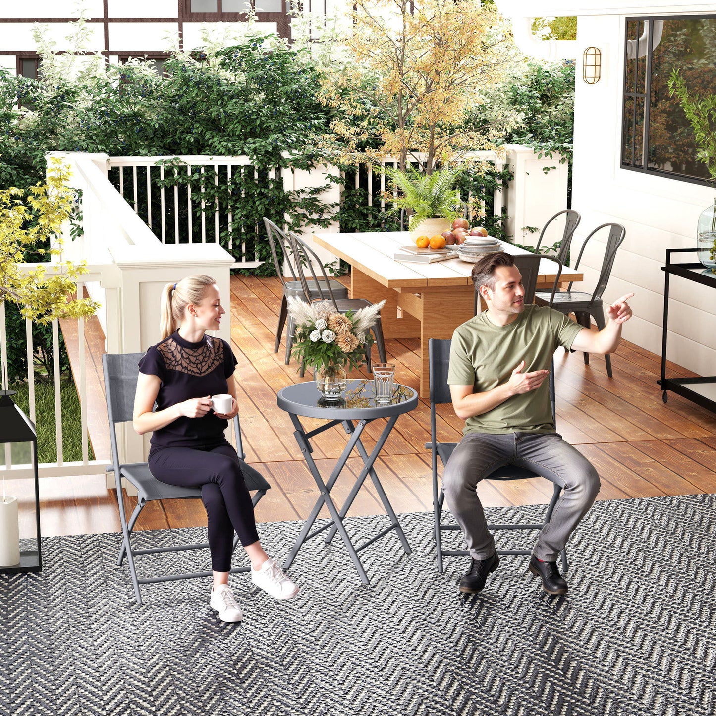 Outsunny 3 Piece Outdoor Bistro Set Glass Top Table and Two Folding Chairs with Protective Feet Grey