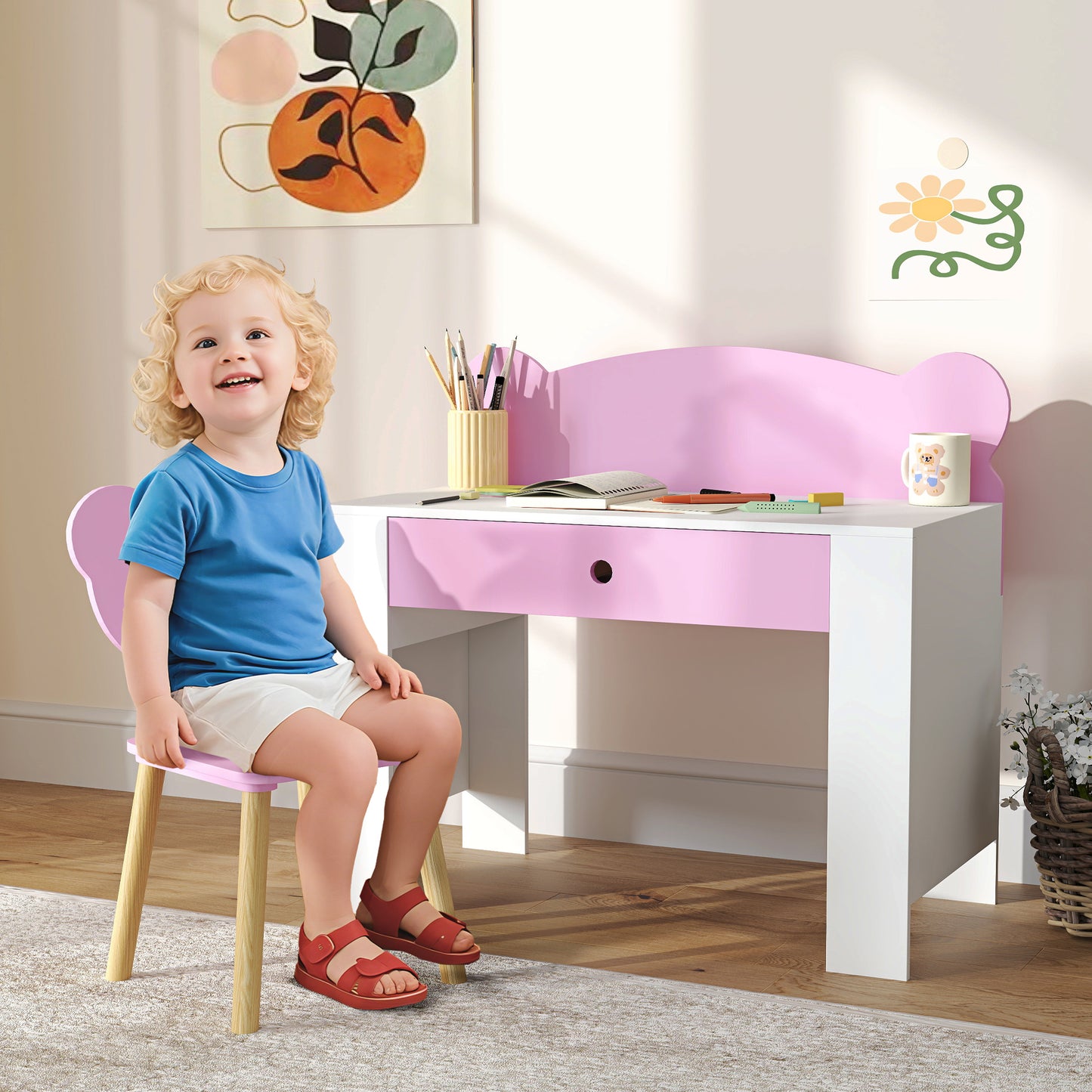 Aiyaplay Kids Desk And Chair Set With Drawer For Drawing And Reading Bear Theme Pink For Bedroom Daycare