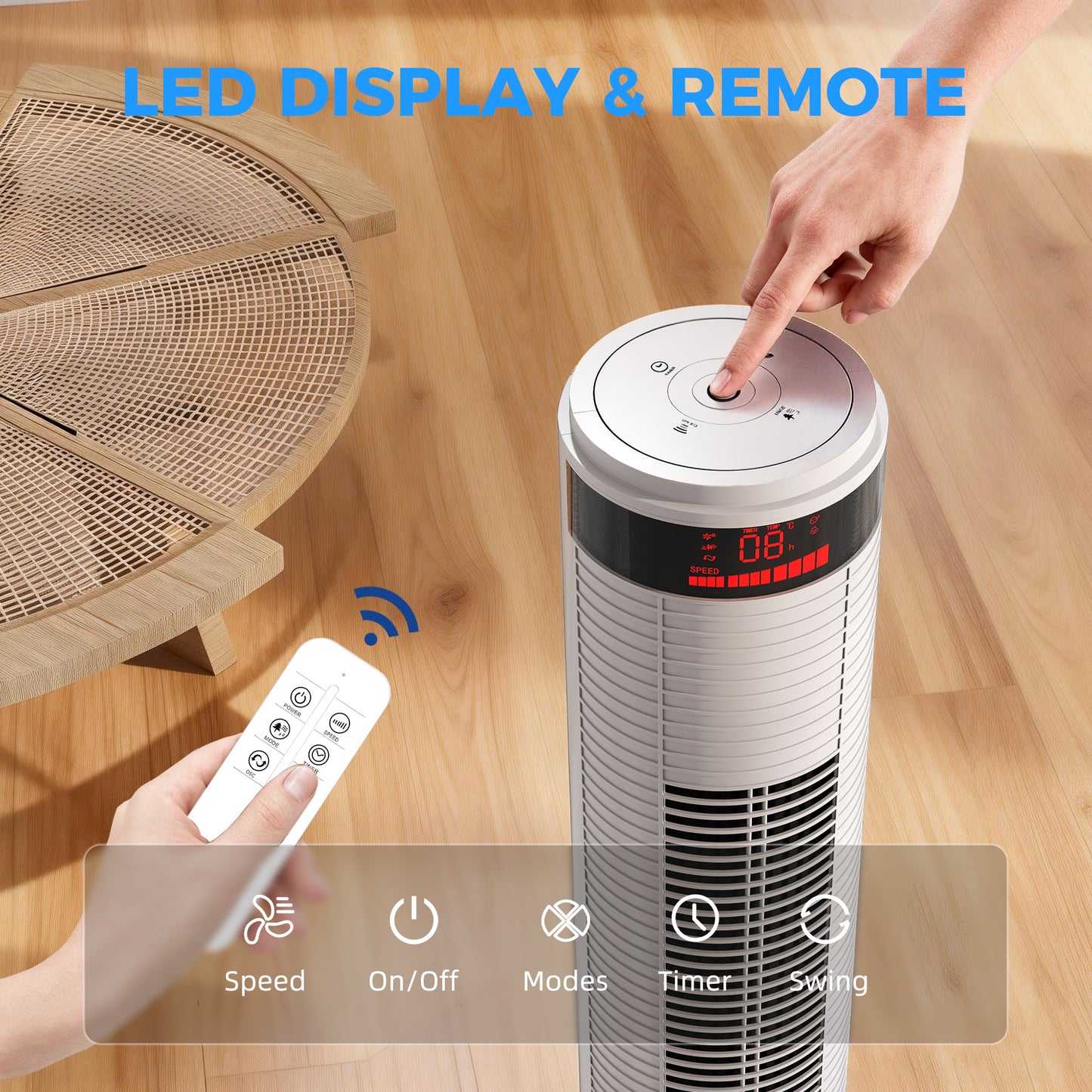 HOMCOM Oscillating Tower Fan with Remote Control, 3 Speed Settings and 4 Wind Modes, White