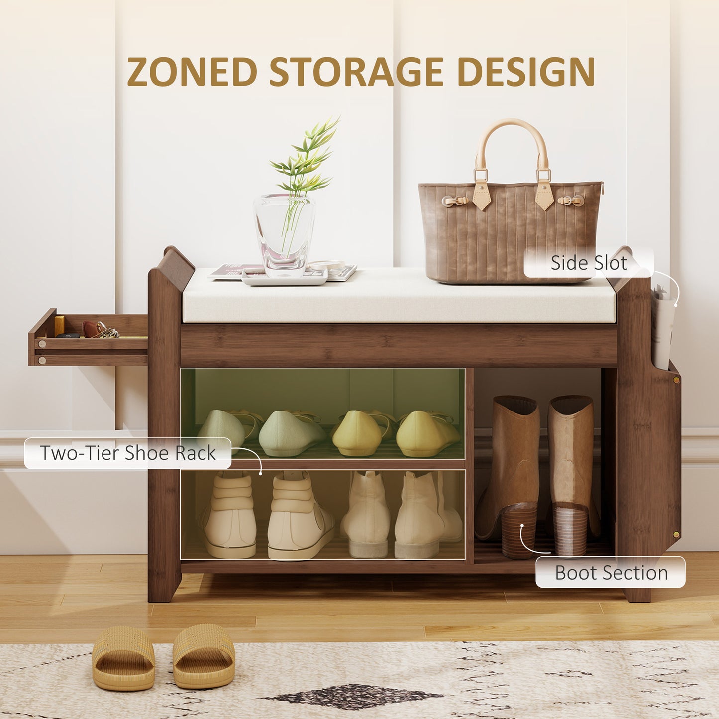 HOMCOM Shoe Bench 2 Tier Entryway Storage with Cushioned Seat 100x30x50 cm Dark Brown and Cream