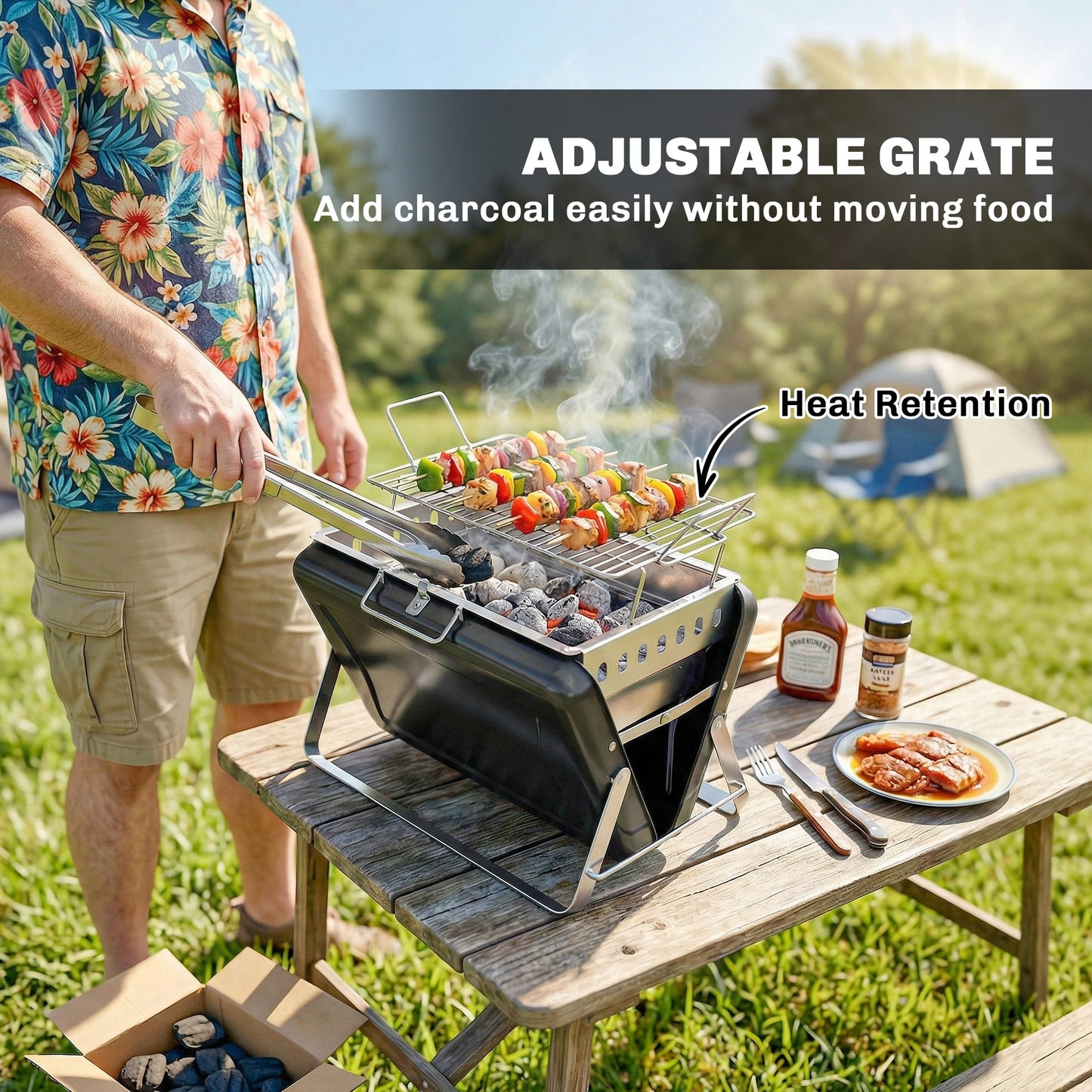Outsunny Portable Charcoal BBQ Grill Stainless Steel Tilting Grate for Camping Picnic Garden Black