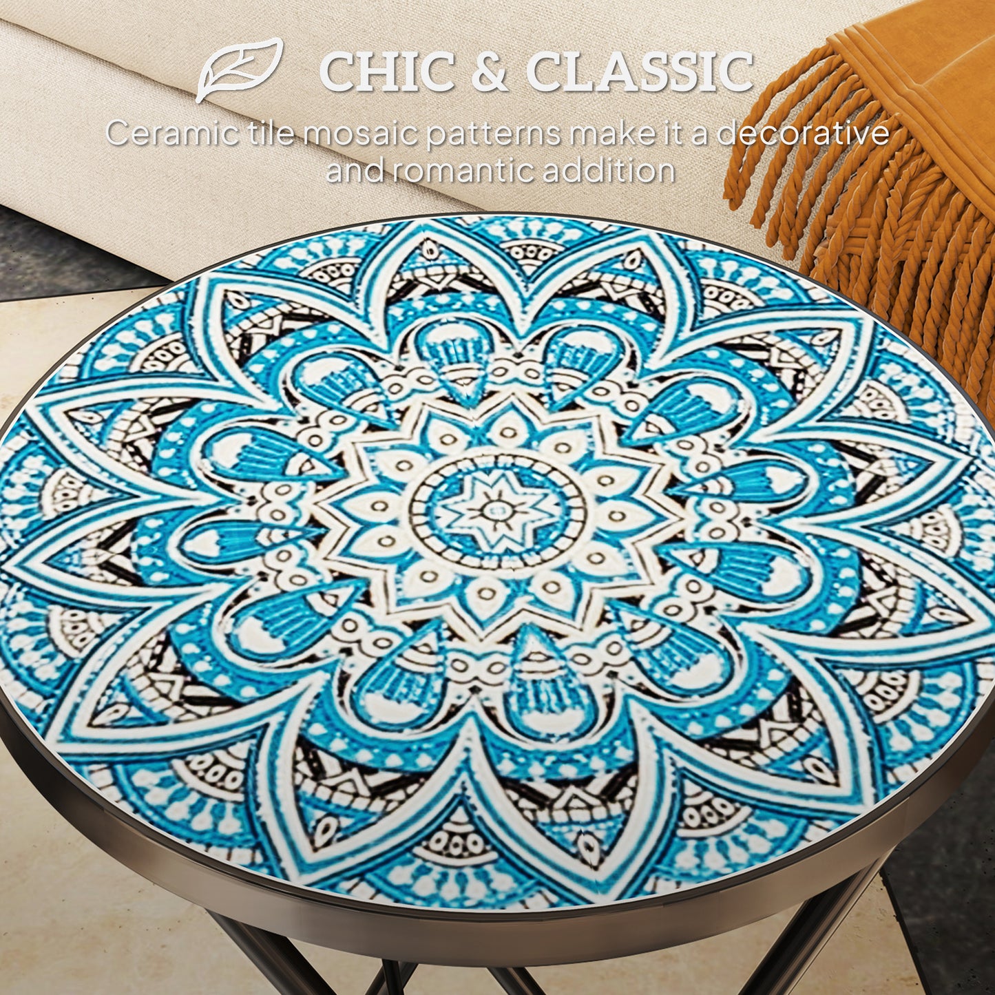 Outsunny Mosaic Outdoor Garden Table 35.5cm Round Folding Coffee Table With Metal Frame Blue For Balcony Terrace