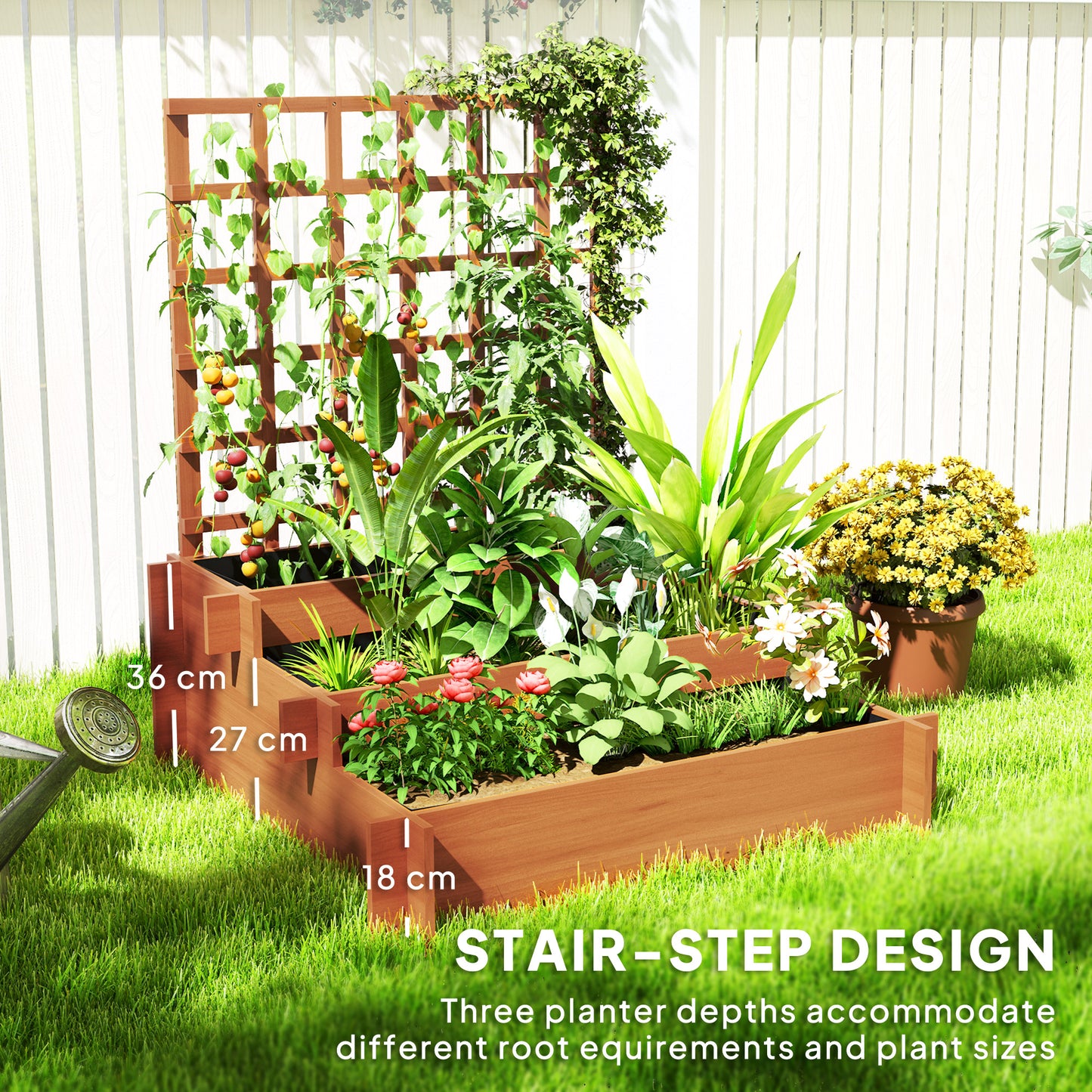 Outsunny 3 Tier Garden Planters With Trellis For Vine Climbing Wooden Raised Beds 95x95x110cm Brown