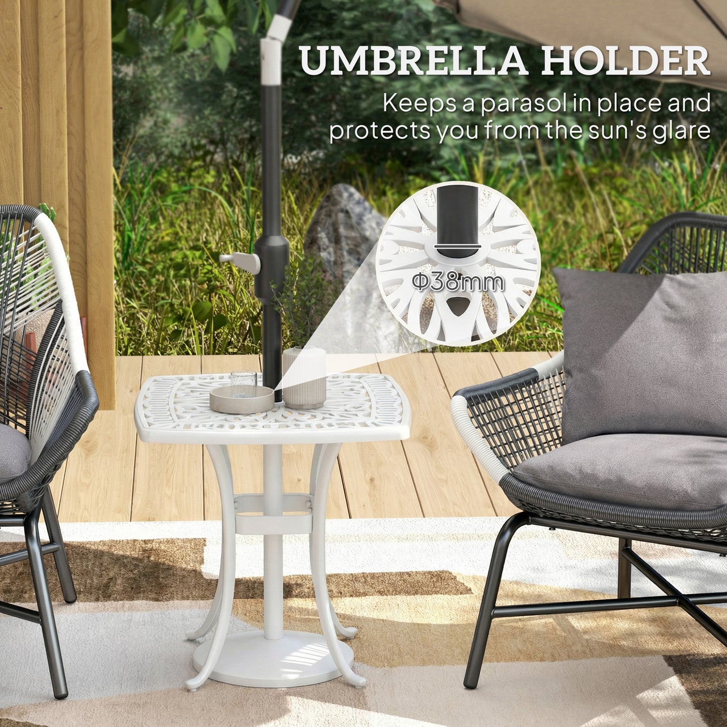 Outsunny Outdoor Cast Aluminium Patio End Table For Garden With 38mm Umbrella Hole And Anti Slip Foot Pads