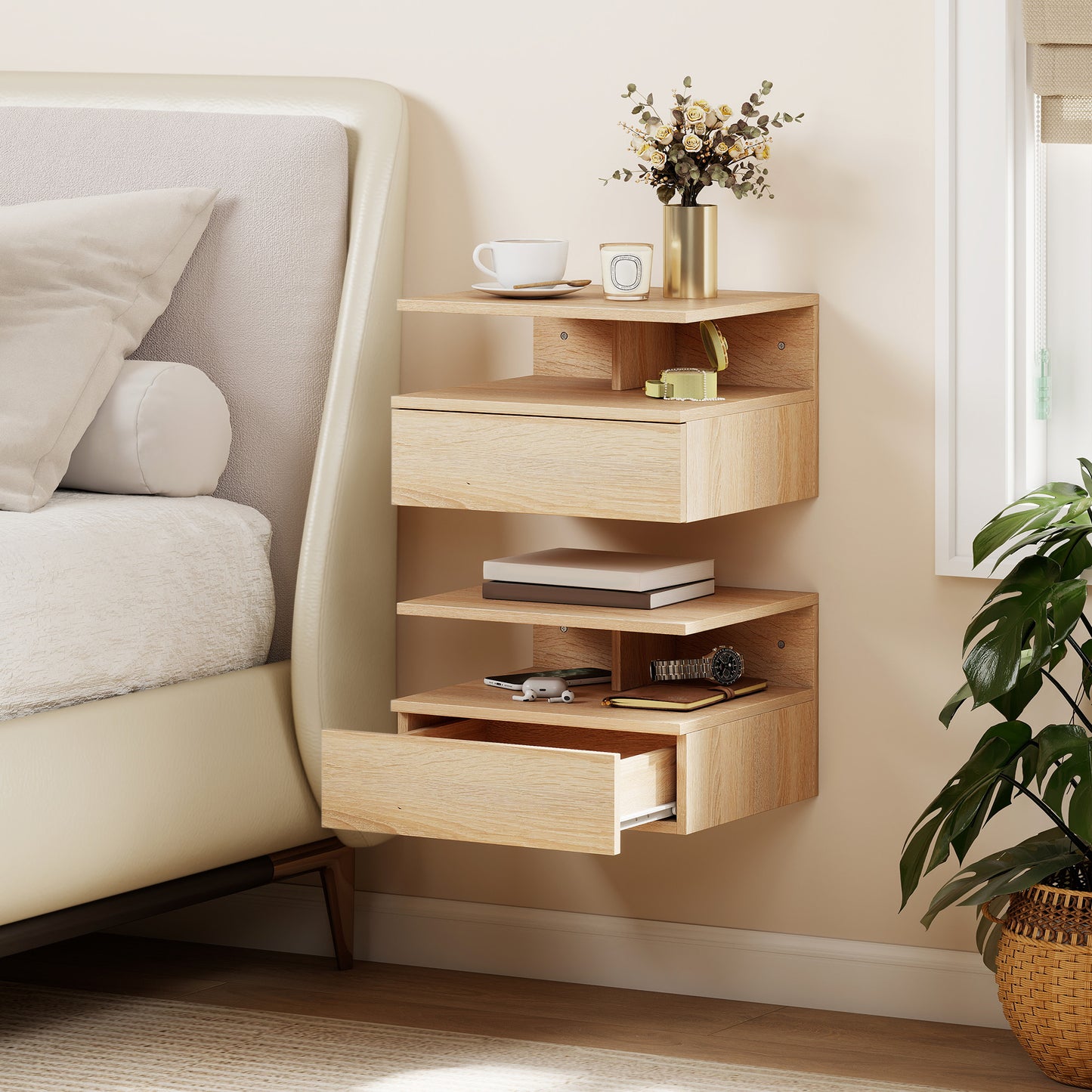HOMCOM Set Of Two Floating Oak Bedside Tables With Drawers Open Shelf And Space Saving Design