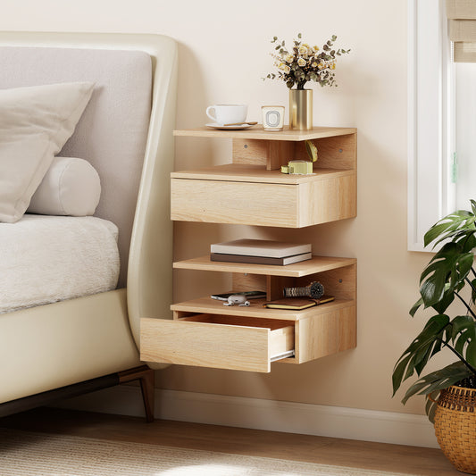 HOMCOM Set Of Two Floating Oak Bedside Tables With Drawers Open Shelf And Space Saving Design