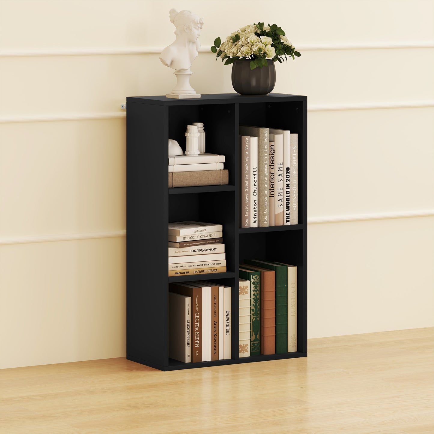 HOMCOM Two Tier Bookshelf With Five Open Storage Cubes Black Finish Modern Compact Floor Standing Unit