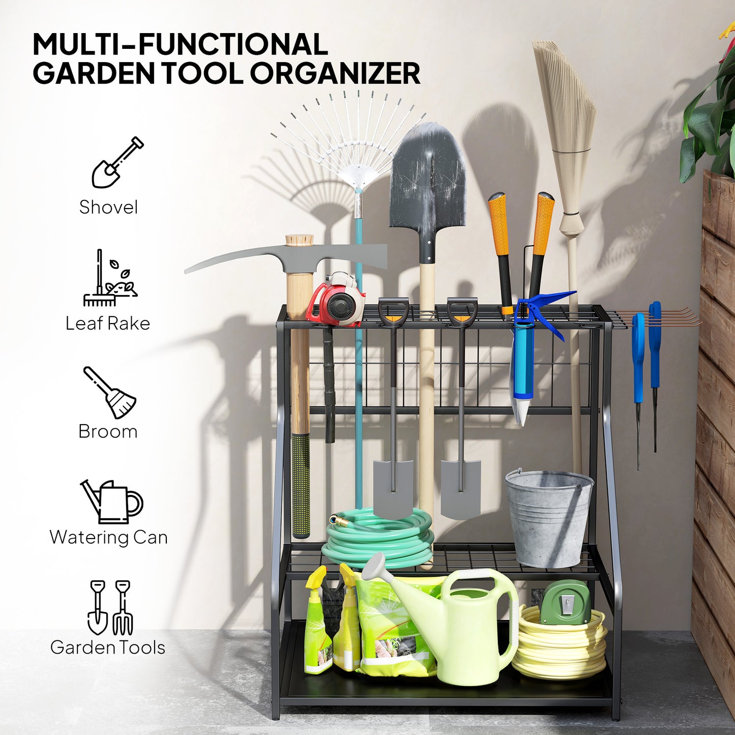 Outsunny 3 Tier Garden Tool Storage Rack With 11 Hooks Holds 20 Tools For Long Handled Brooms Shovels Rakes Garage