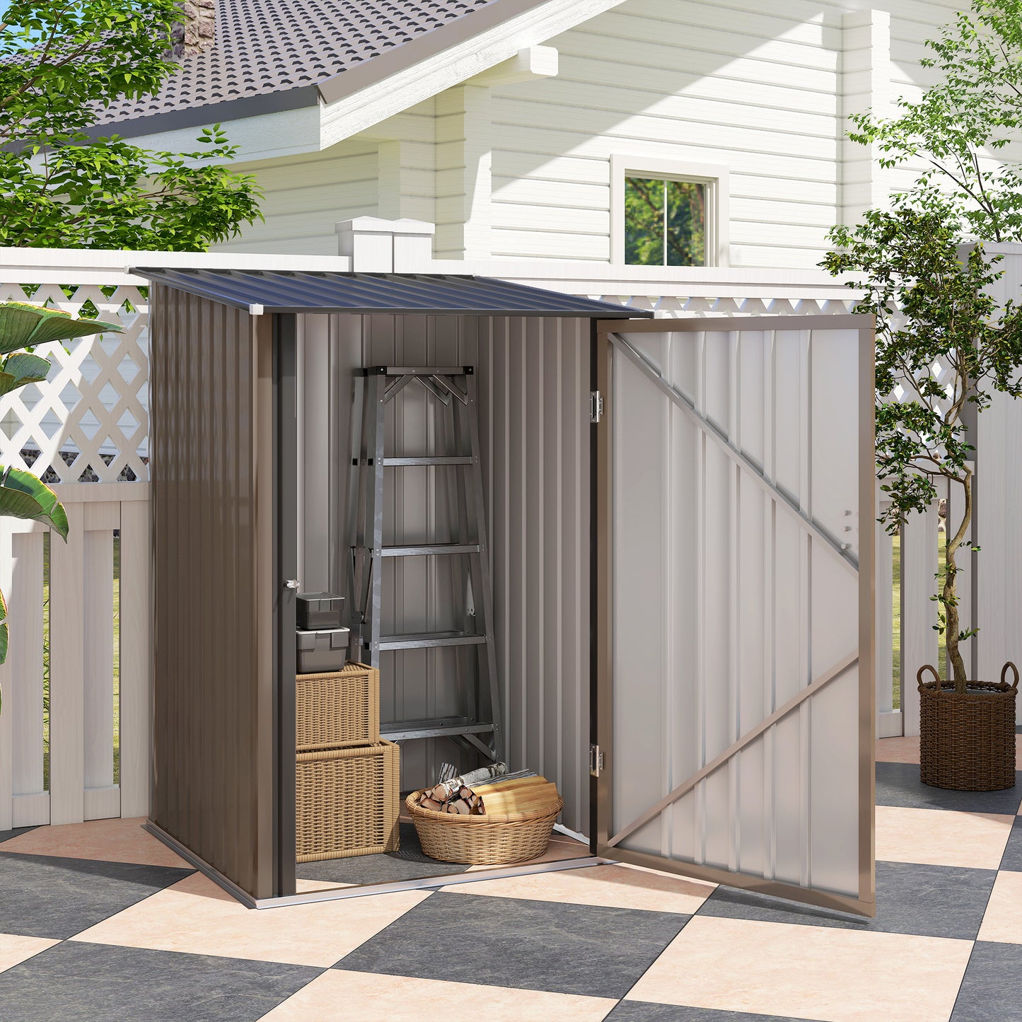 Outsunny 3.3 x 3.4 Ft Lean To Steel Garden Shed With Locking Door Brown Grey Galvanised Steel Construction
