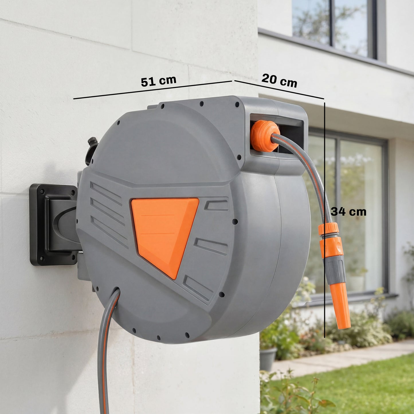 Outsunny Retractable Hose Reel Wall Mounted 20 Plus 1.6m Garden Hose Reel With Auto Retraction And Self Locking Orange