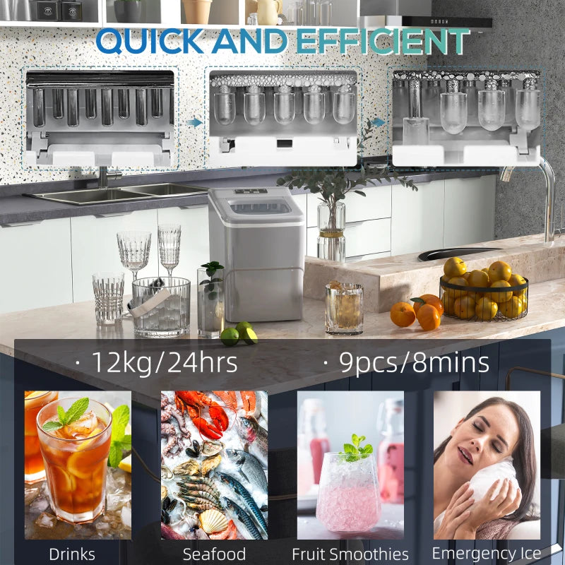 HOMCOM Self-Cleaning Ice Maker Machine with LCD Screen - 9 Ice Cubes Ready in 8 Mins, 12kg in 24Hrs, Silver - ALL4U RETAILER LTD