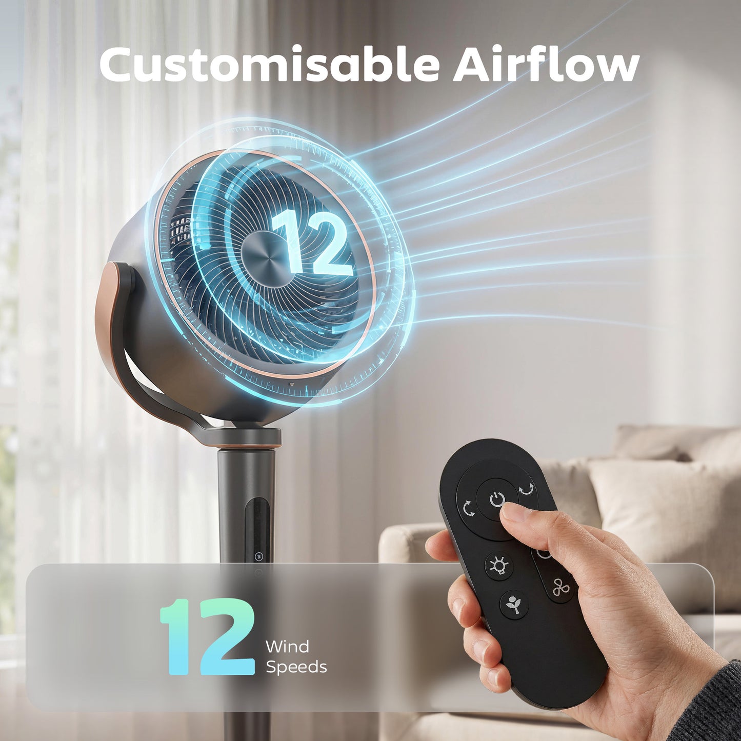 HOMCOM 20dB Silent Standing Fan With 70-90 Degree Auto Oscillation, 12 Speeds, LED, Remote, 12H Timer, 46 Inch Grey