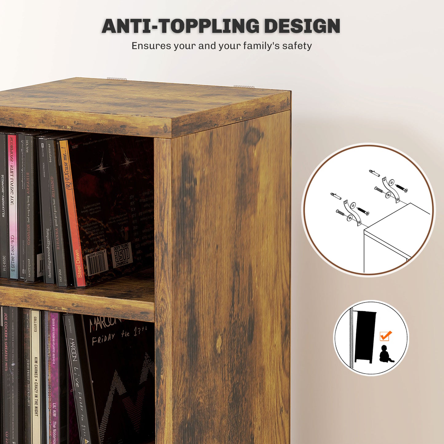 HOMCOM 12 Tier CD Storage Tower Tall Narrow Rustic Brown Media Organizer Anti tipping Design Holds 204 CDs