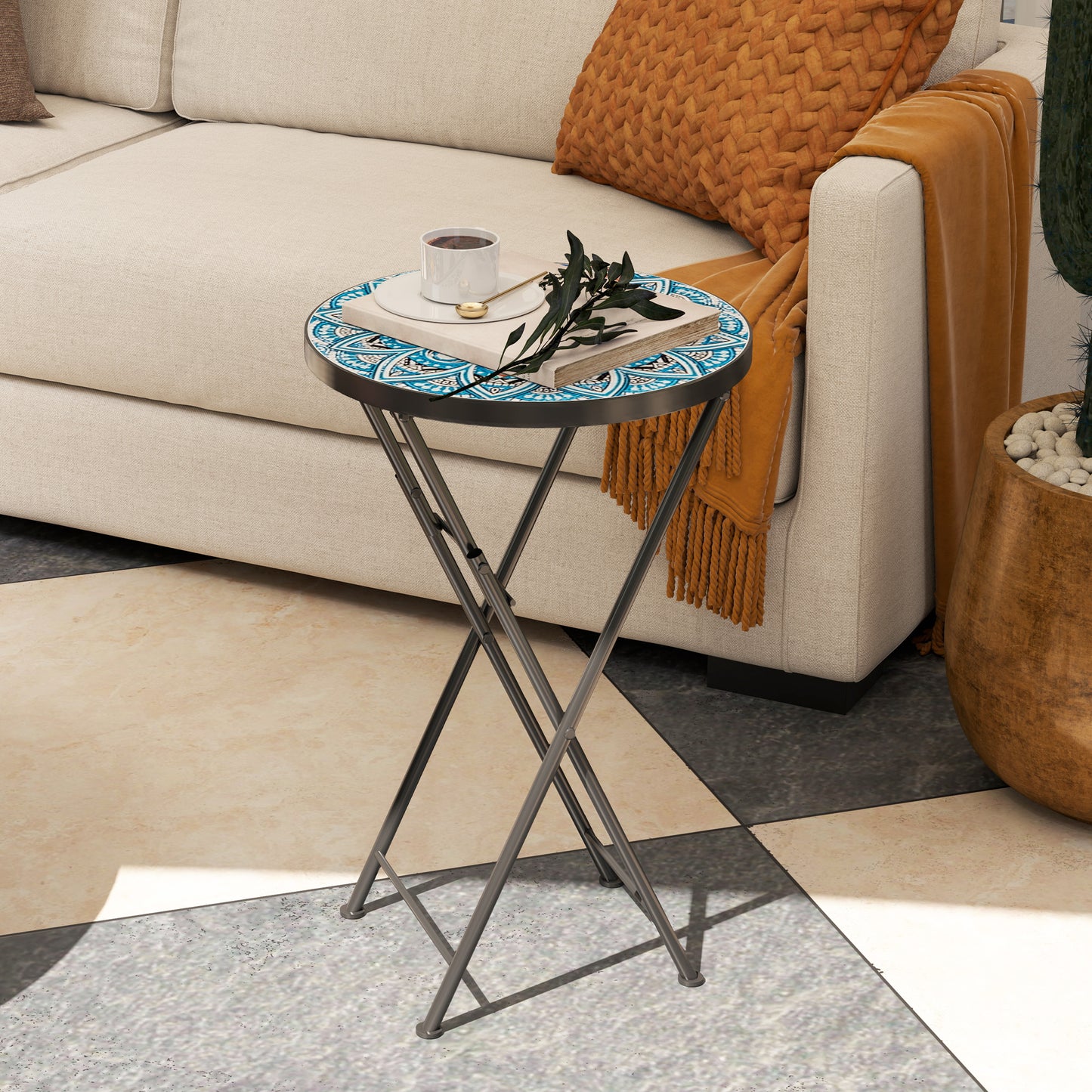 Outsunny Mosaic Outdoor Garden Table 35.5cm Round Folding Coffee Table With Metal Frame Blue For Balcony Terrace