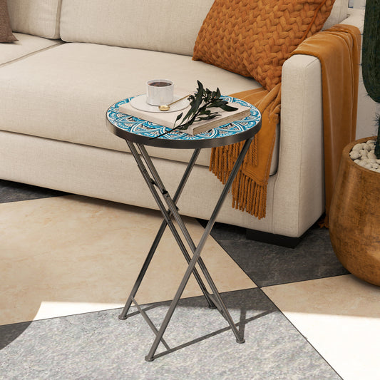 Outsunny Mosaic Outdoor Garden Table 35.5cm Round Folding Coffee Table With Metal Frame Blue For Balcony Terrace