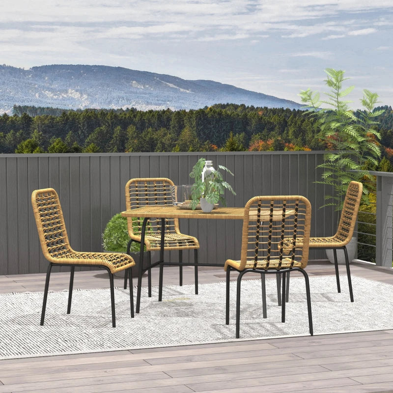 Outsunny 5-Piece Rattan Outdoor Dining Set - Patio Conservatory Furniture with Tempered Glass Tabletop and Hollowed-Out Design, Natural Wood Finish - ALL4U RETAILER LTD