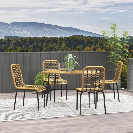 Outsunny 5-Piece Rattan Outdoor Dining Set - Patio Conservatory Furniture with Tempered Glass Tabletop and Hollowed-Out Design, Natural Wood Finish