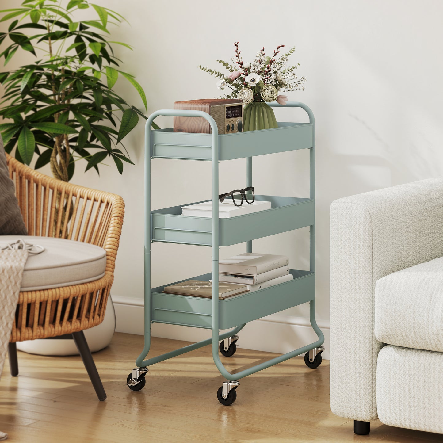 HOMCOM 3 Tier Storage Trolley On Wheels Rolling Utility Cart With Mesh Baskets For Kitchen Bathroom Bedroom Light Green