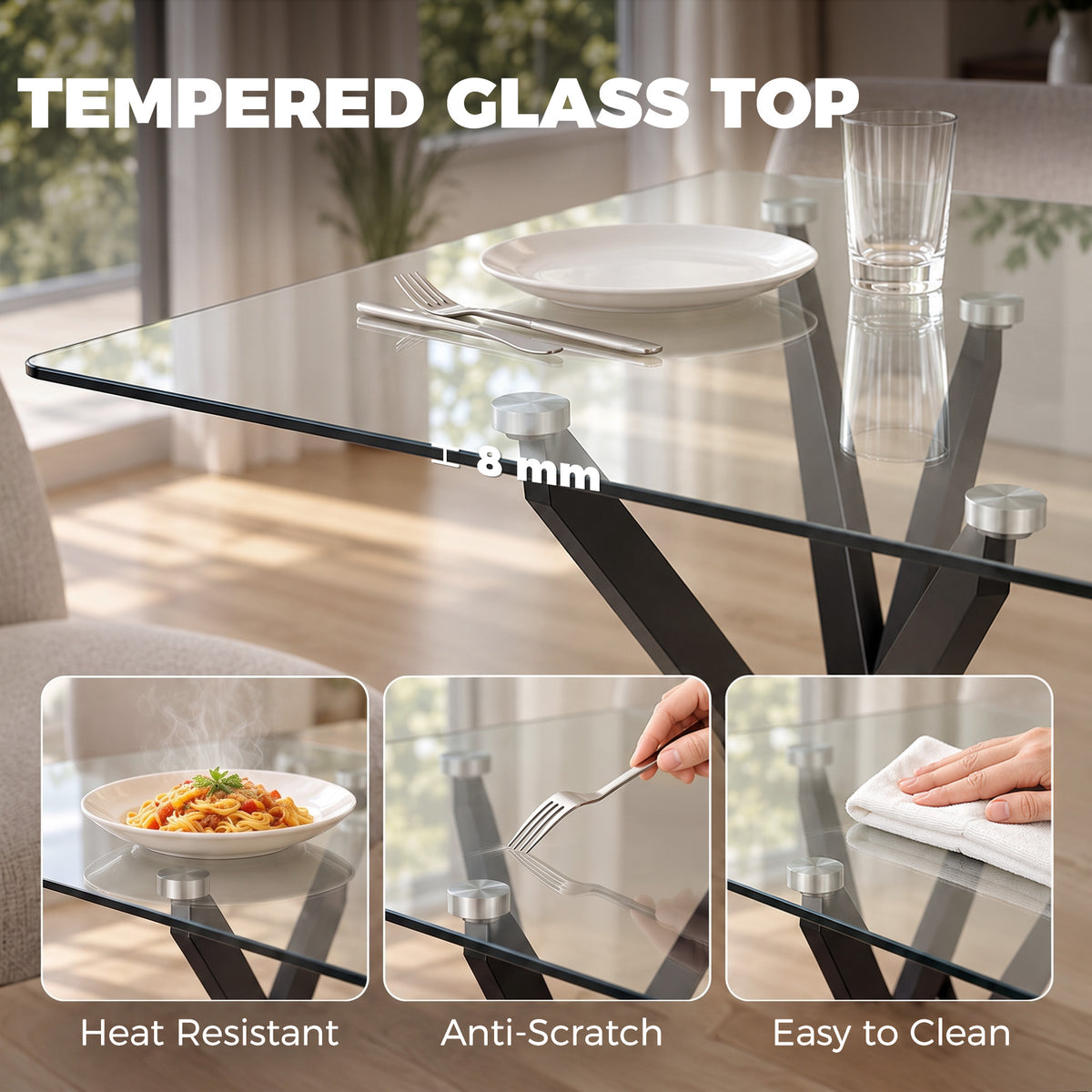 Tempered glass dining table top, 8 mm thick, with black X steel legs