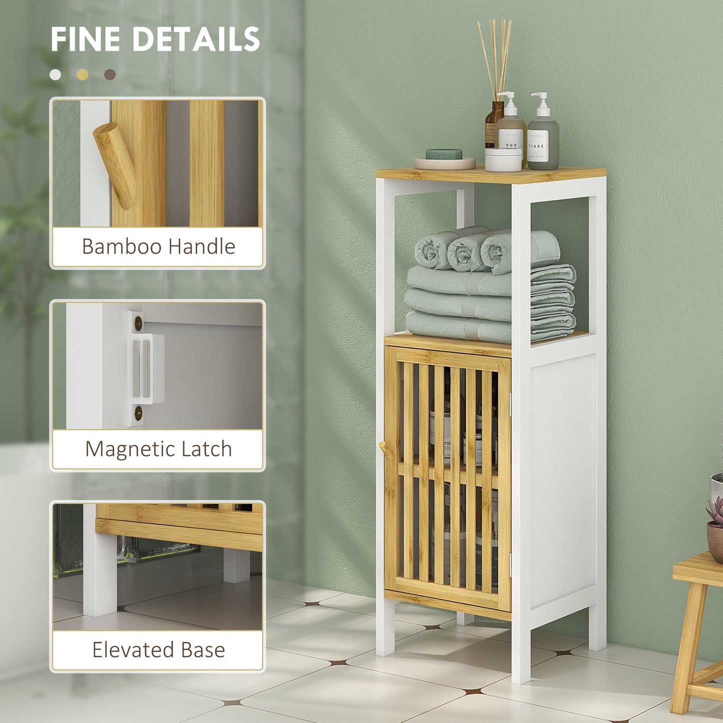 HOMCOM Bamboo Blend Retro Cut Out Bathroom Storage Cabinet with Cupboard and Adjustable Shelves Slim Unit