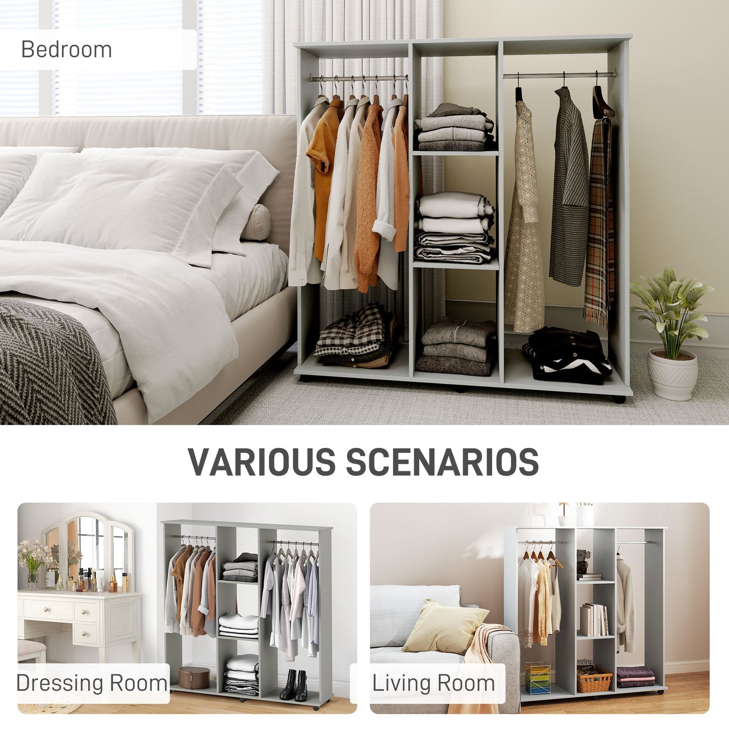 HOMCOM Open Wardrobe Double Mobile Storage Shelves Organizer With Six Wheels Grey