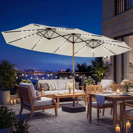 Outsunny Double Sided Garden Parasol With Crank Handle Base Included And 48 Solar LED Lights 4.6m Cream Patio Umbrella