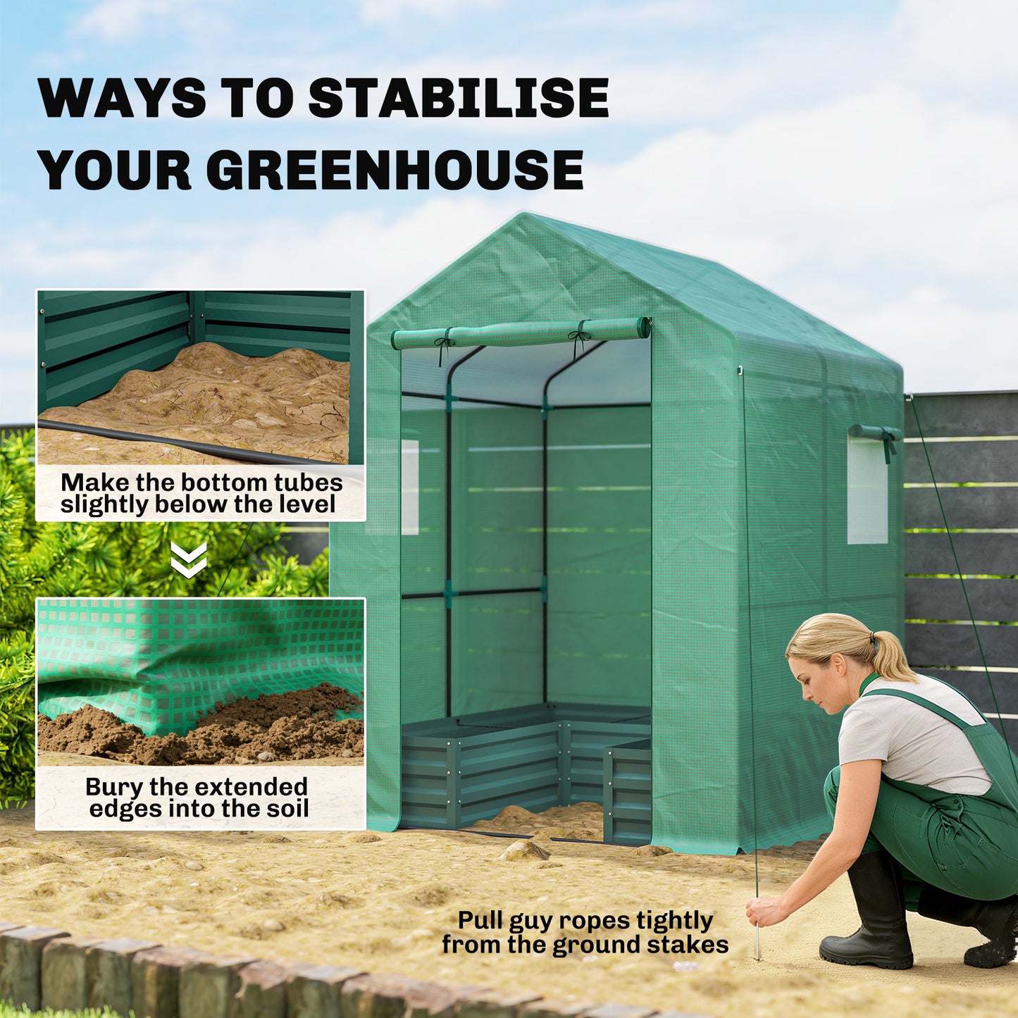 Outsunny Small Greenhouse With Raised Garden Bed Walk In Greenhouse With Roll Up Windows 141 X 141 X 190 Cm Green