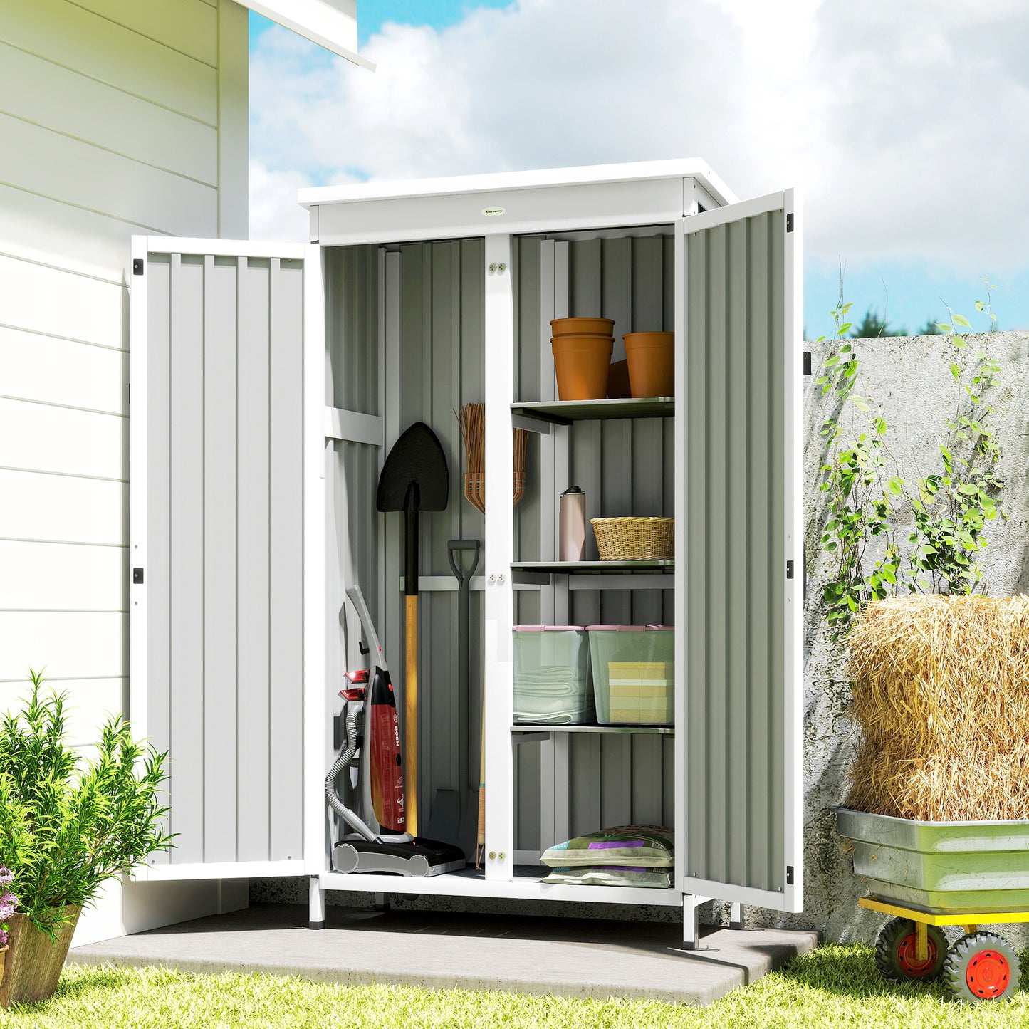 Outsunny Outdoor Storage Cabinet With Removable Shelves Garden Tool Shed Asphalt Roof White And Black
