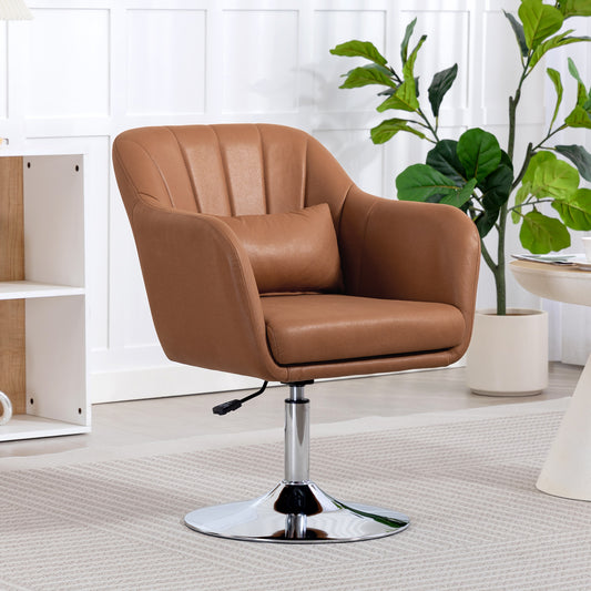 Brown swivel tub chair with microfiber upholstery, cushioned arms, and round metal base