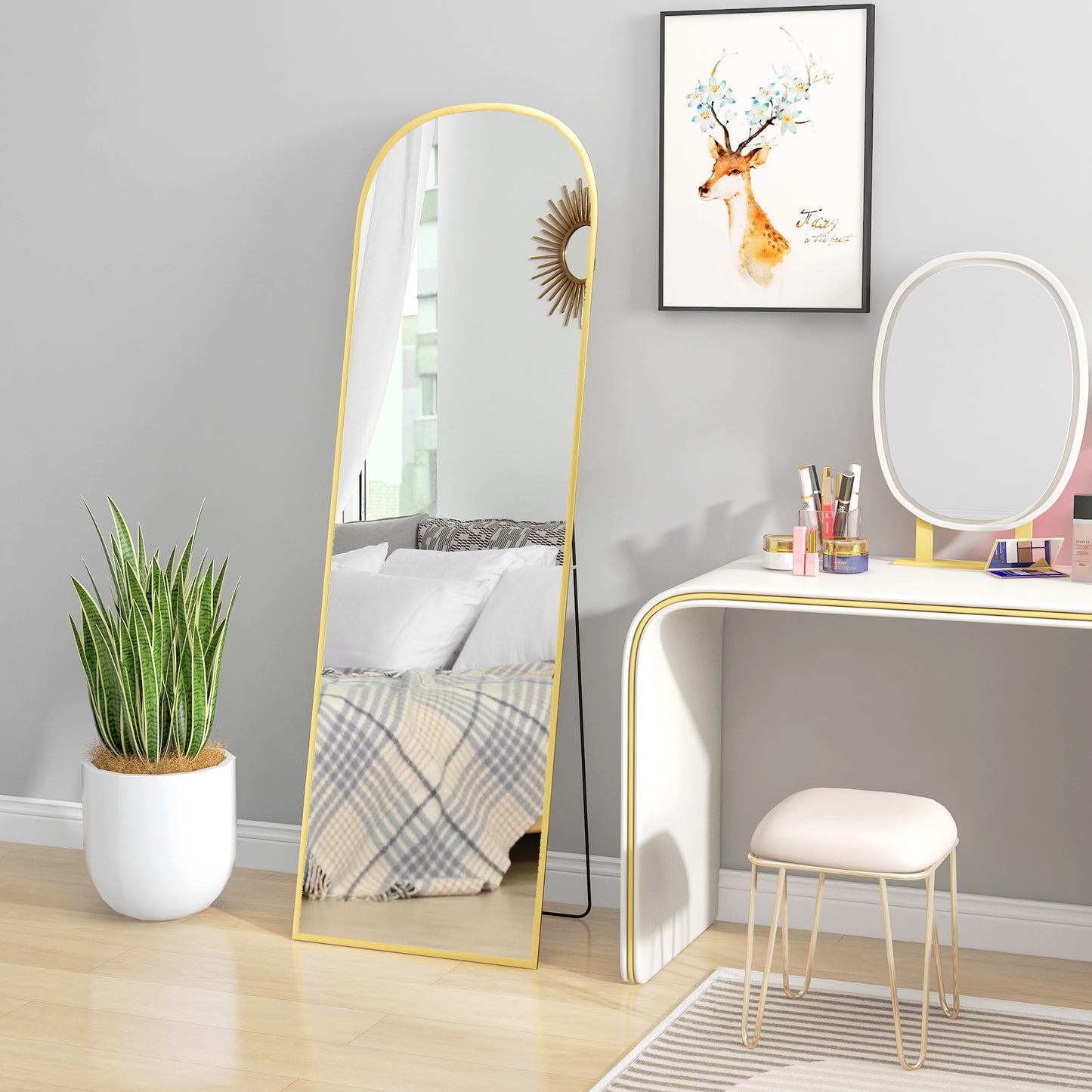HOMCOM 162cm Aluminium Frame Standing Mirror Gold Two Way Design For Wall Mount Or Freestanding Back Leg
